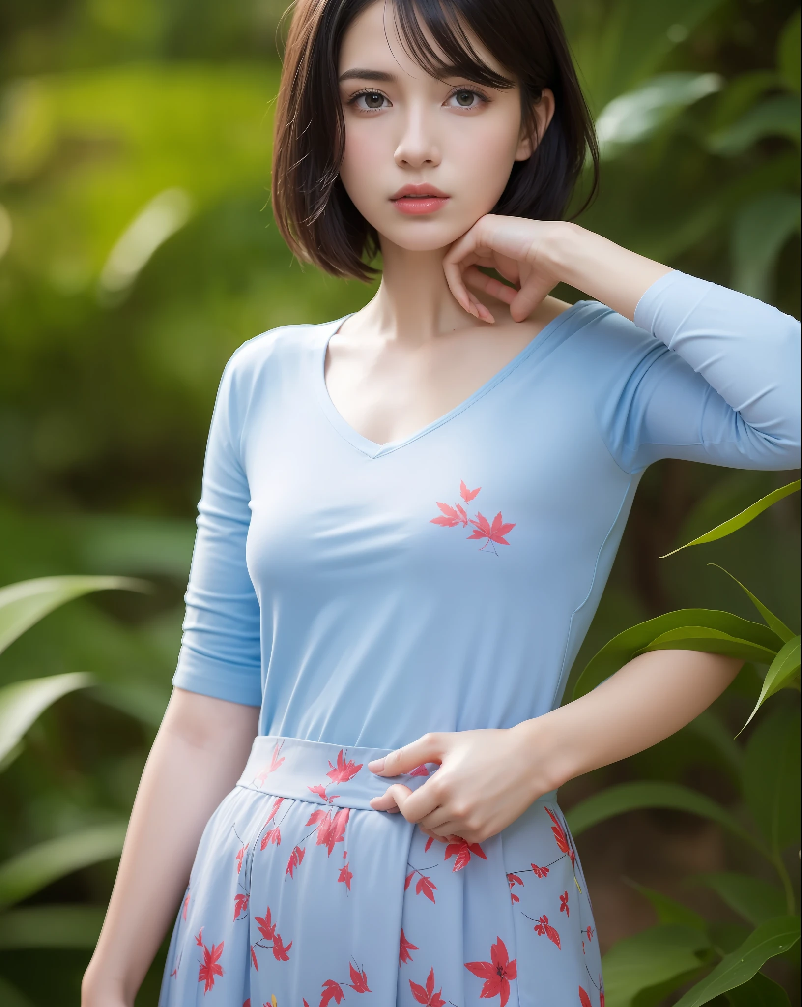 (long skirt:1.2),(blue flowers print:1.2),(yellow flowers print:1.2),(red flowers print:1.3),(birds print:1.2),(leaf print:1.2),1 girl,full body, (short hair:1.1), (realistic:1.7),((best quality)),absurdres,(ultra high res),(photorealistic:1.6),photorealistic,octane render,(hyperrealistic:1.2), (photorealistic face:1.2), (8k), (4k), (Masterpiece),(realistic skin texture), (illustration, cinematic lighting,wallpaper),( beautiful eyes:1.2),((((perfect face)))),(cute),(standing),(black hair),(short hair),black eyes,red lips, (outdoors),