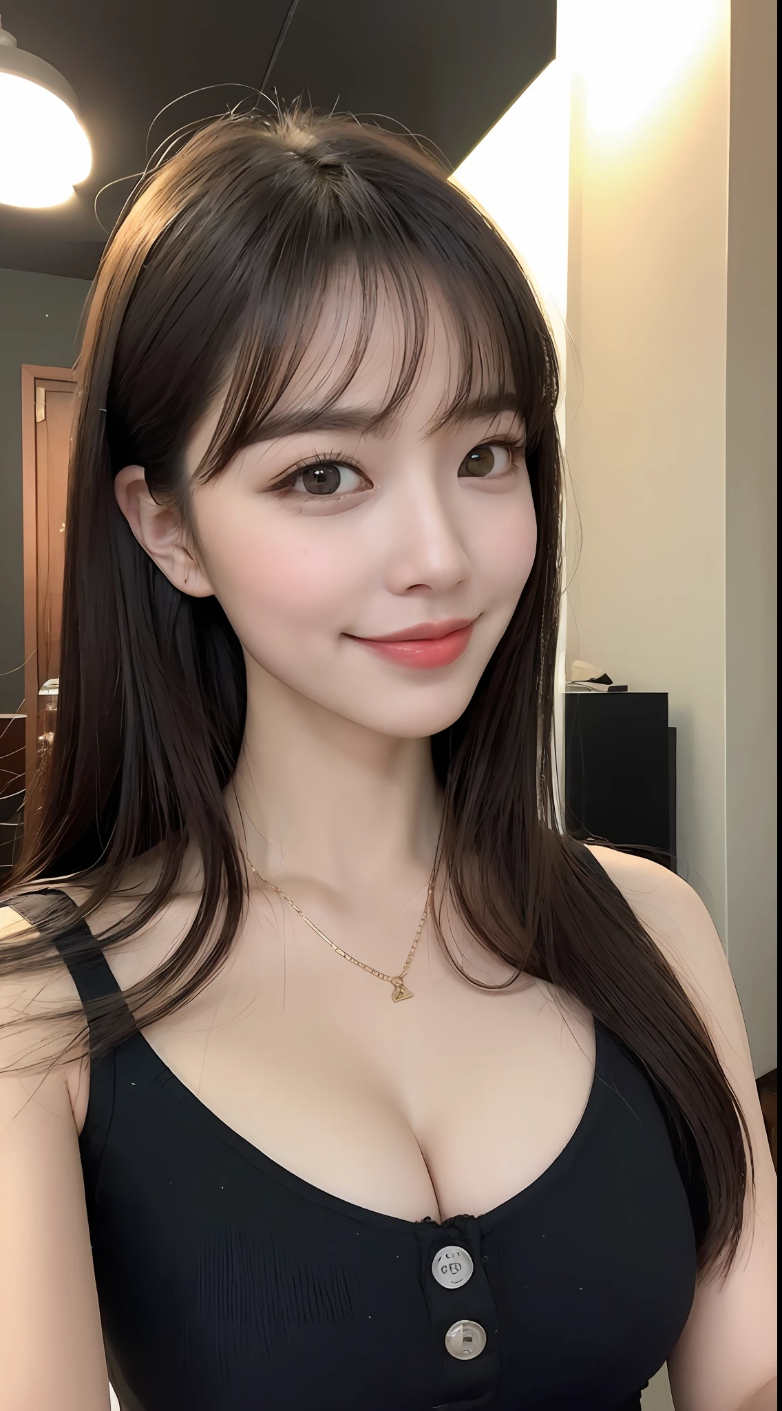 (1 Korean star with royal sister style), ((Best quality, 8K, 巨作: 1.3)), focal point: 1.2, Perfect body proportions: 1.4, (Make a smile), (Ray traching),Watery eyes, Highly Detailed Face and Skin Textur, Fine eyes, Double eyelids, Whitens the skin, (long whitr hair, Air bangs: 1.3), (face round: 1.5), (Lolita prostitute: 1.4), (Lean: 1.6),(black lence stockings: 1.4),(film grain style:1.3),a sense of atmosphere