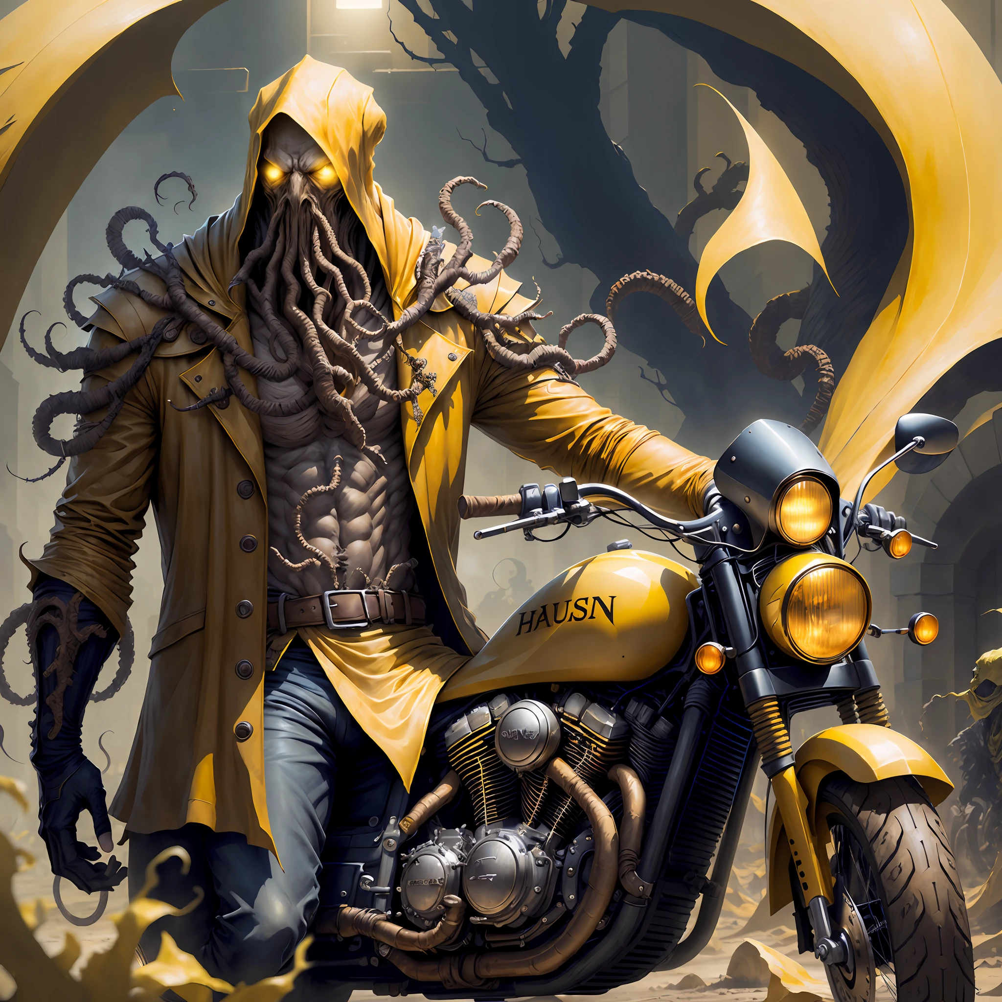 "Hastur, king in yellows riding a motorbike"