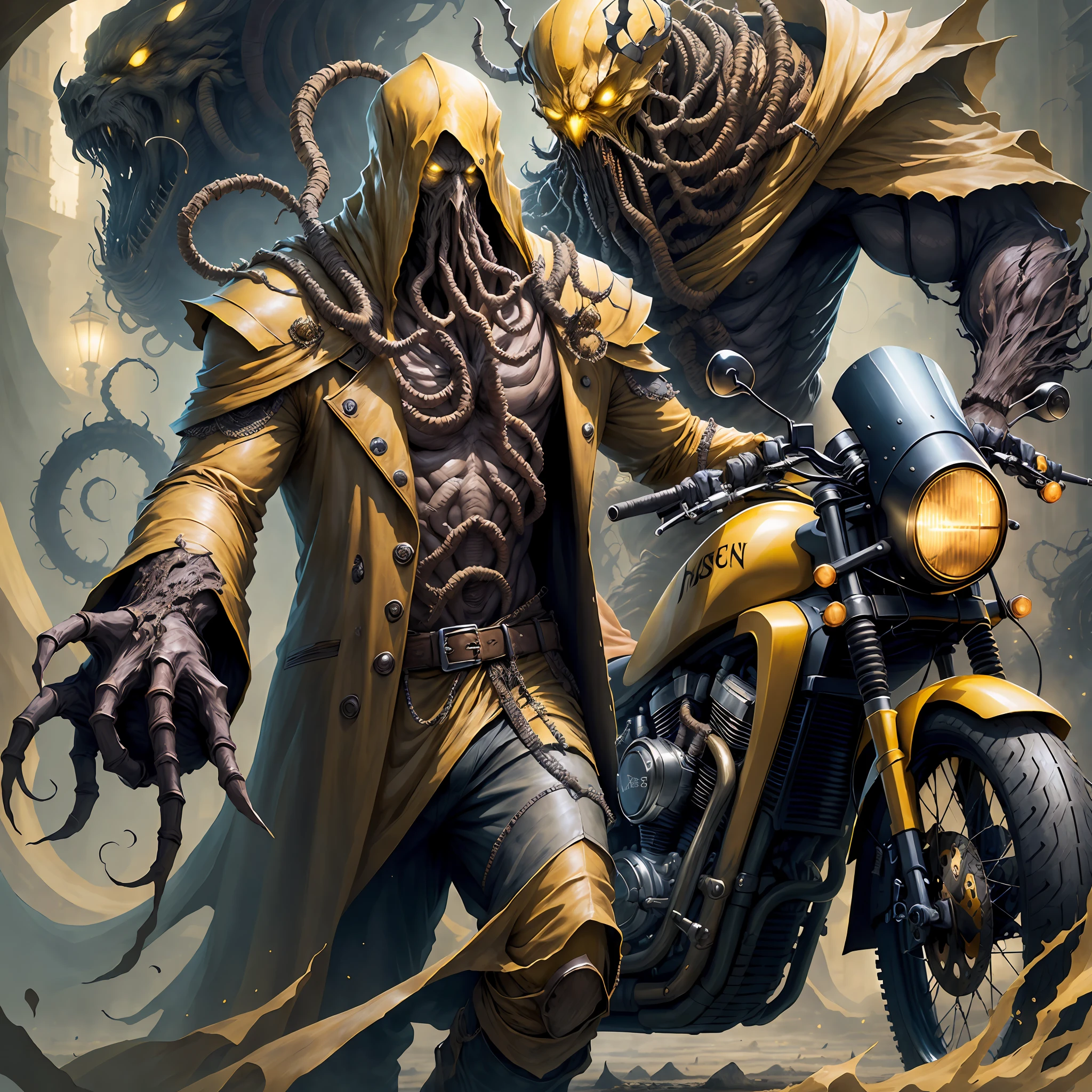 "Hastur, king in yellows riding a motorbike"