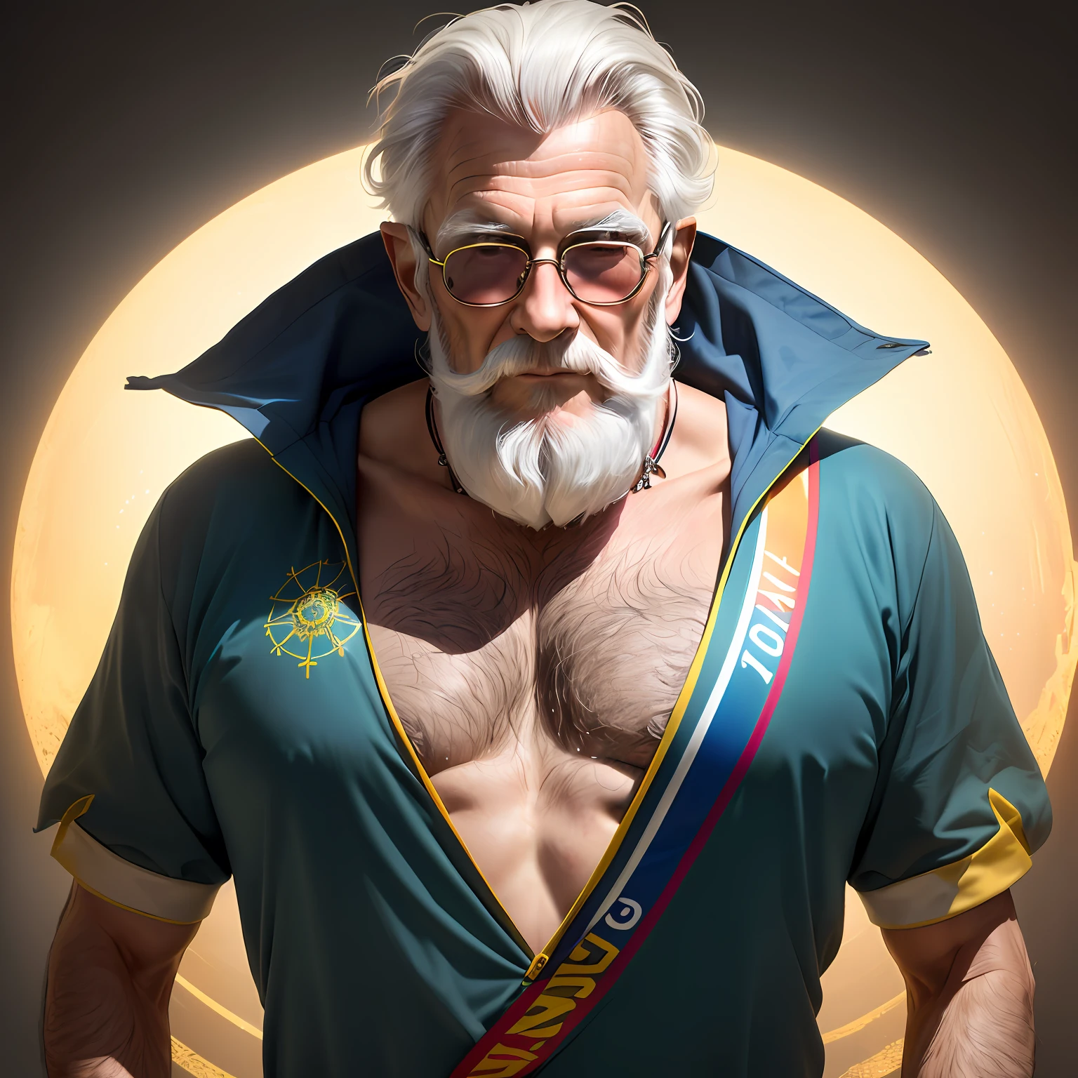 Homem de 69 anos com barba e cabelo comprido calvo vestindo um terno Branco e VERMELHO com um INSTRUMENTO em FORMA de balde com uma vareta DENTRO do balde em um ambiente de carnaval do rio de Janeiro