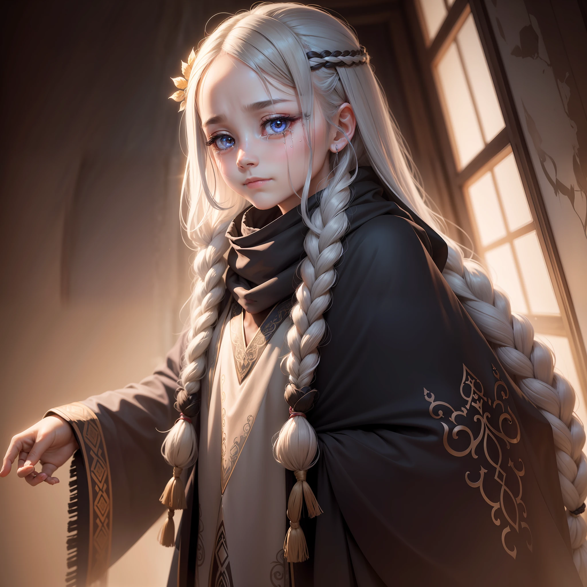 Long hair shawl, Side braids, Pupil mismatch, Tears, ssmile, The expression is contemplative, verbal invitation, high detal, morden style, Divine light penetrates, Optical illusion, High picture quality, A high resolution, 16k。