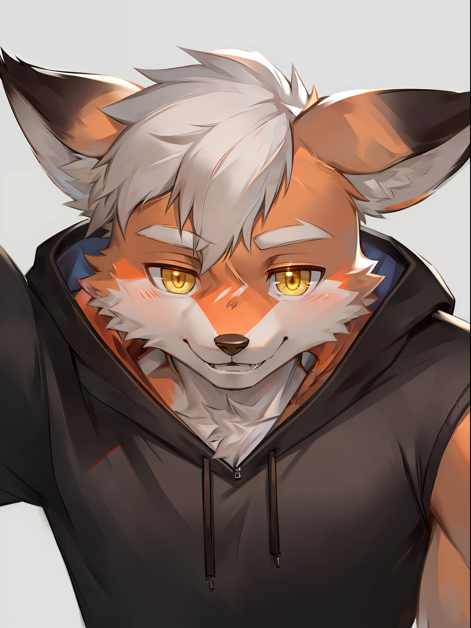 Solo, Male, (Muscular), shaman, (Male fox):1.3, Orange skin, White belly，Muscle texture，hairy skin，Lean， ssmile，Keep one's mouth shut，Detailed eyes, fox tails，Fox ears ，Handsome，Dumb cute，Pampering，Solo, Shoot from a flat perspective，the sideview，Head up，Very tempting，Side to the lens，(light grey background:1.35), Evening environment：1.3，light yellow eyes，Eye repair，Clear eyes，hoody，The clothes ar，lean and thin，realisticlying，realistic hand，8k hdr，（Dark tones，Wide dynamic range，hdr，low-light：1.2），（author：Chunie)