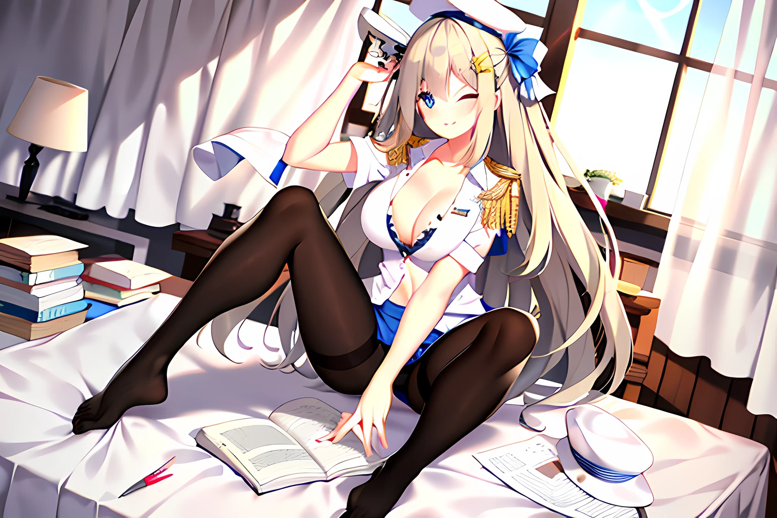 lexington (warship girls r), ((Masterpiece)), (((Best quality))), ((Ultra-detailed)), ((illustration)), ((Disheveled hair)), ((frilld)), (1 girl), (Solo), :) , beret, black sock , Blonde hair , Blue eyes, book , Breasts , macaron, chair, Closed mouth, Clothing, Curtains , day, desk , drawer, epaulette , eyeslashes, Feet , Female , full bodyesbian, hair between eye , Hat , Headwear, Indoors , legwear , Lens flare , lipstick, Long hair, view the viewer, Makeup, Medium breasts , No shoes , Office chair , One eye closed , Open clothes , Open shirt , Pantyhose, Paper, Paper stacks , pen, Phone, black shadows , shirt , Short sleeves , Sitting , Smile, A sole, (Spread legs:1.2) , Sunlight , Toes, White hat , White headwear, White shirt, window , wink,