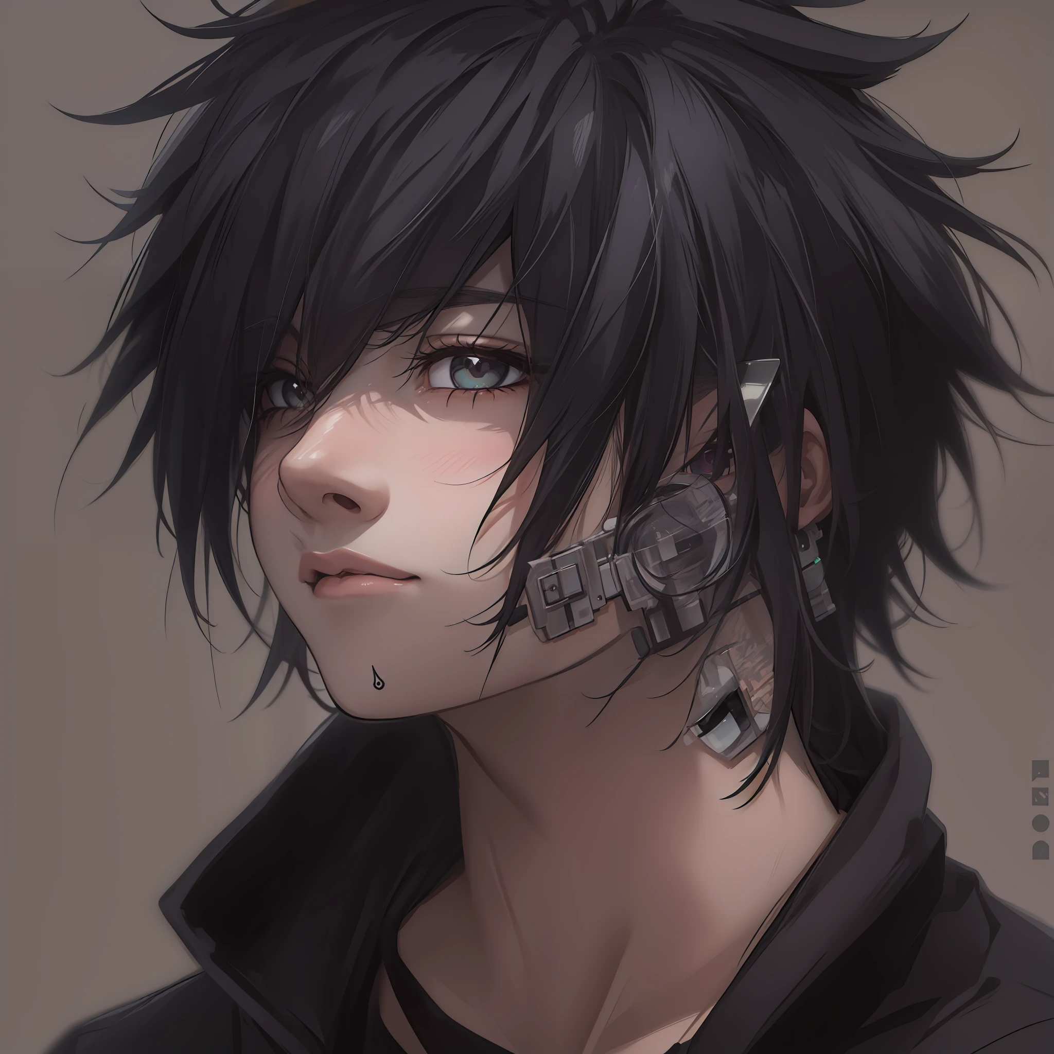 obra-prima, melhor qualidade, 4k, perfect  lighting, olhos detalhados, rosto perfeito, piercing na orelha, piercing no nariz, menino com cabelo preto e piercings, sentado na frente de um computador, menino emo com orelhas de gato, cara emo bonito, orelhas pretas do gato, menino emo, menino tem cabelo preto curto, estilo anime", um menino emo, Estilo Emo, estudante de arte emo, menino com orelhas de gato, sasuke, cabelo igual do sasuke,