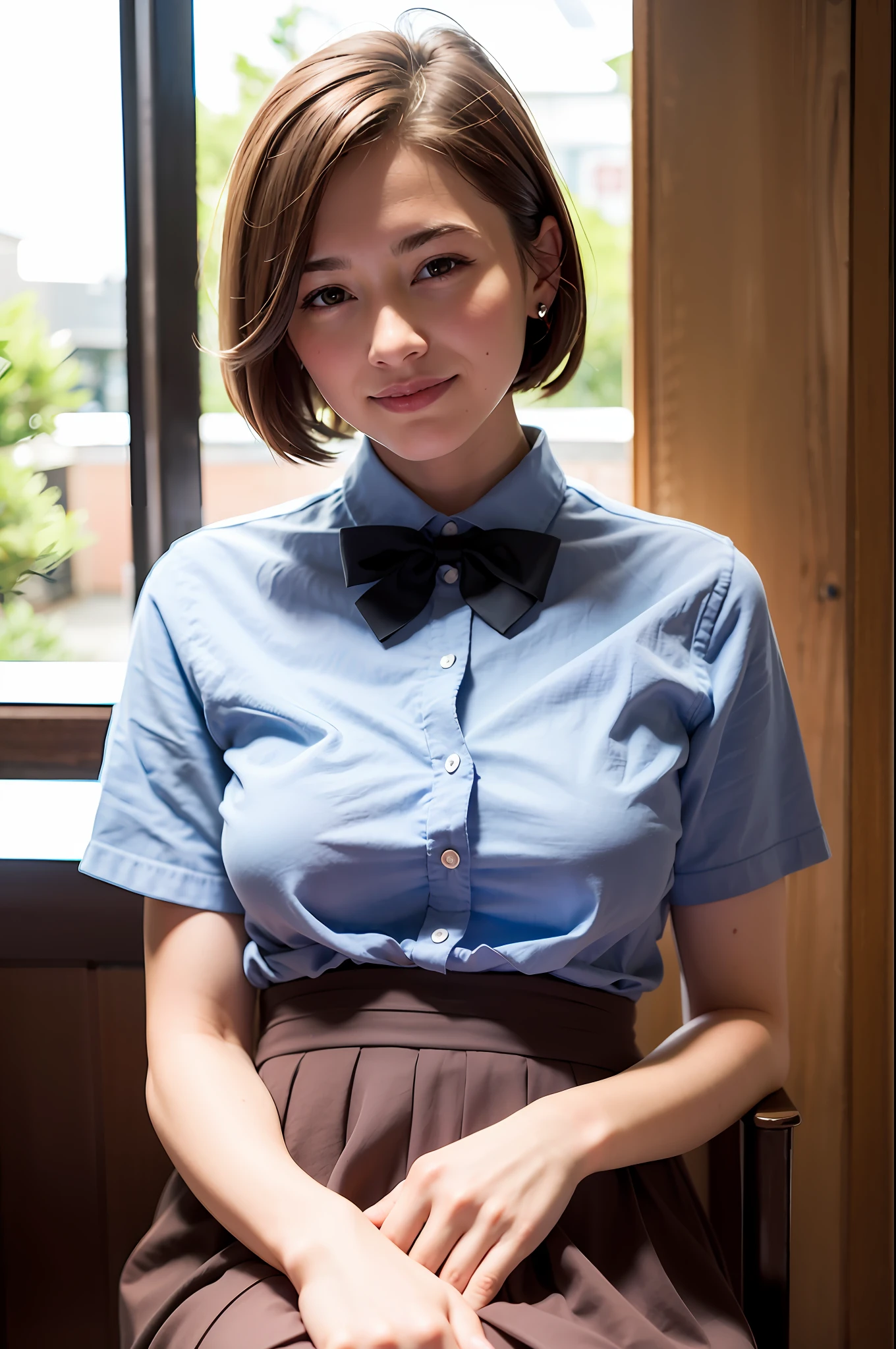 (8K, RAW photo, Best Quality, Masterpiece: 1.2), (Realistic, Photorealistic: 1.37), Ultra HD, 1 girl, Cute, Solo, Beautiful sky, Detailed cafe, Night, Sitting, date, (nose lip), (smile: 1.1), (closed), medium breasts, beautiful eyes, (collared shirt: 1.1), bow tie, pleated skirt, (short hair: 1.2), floating hair