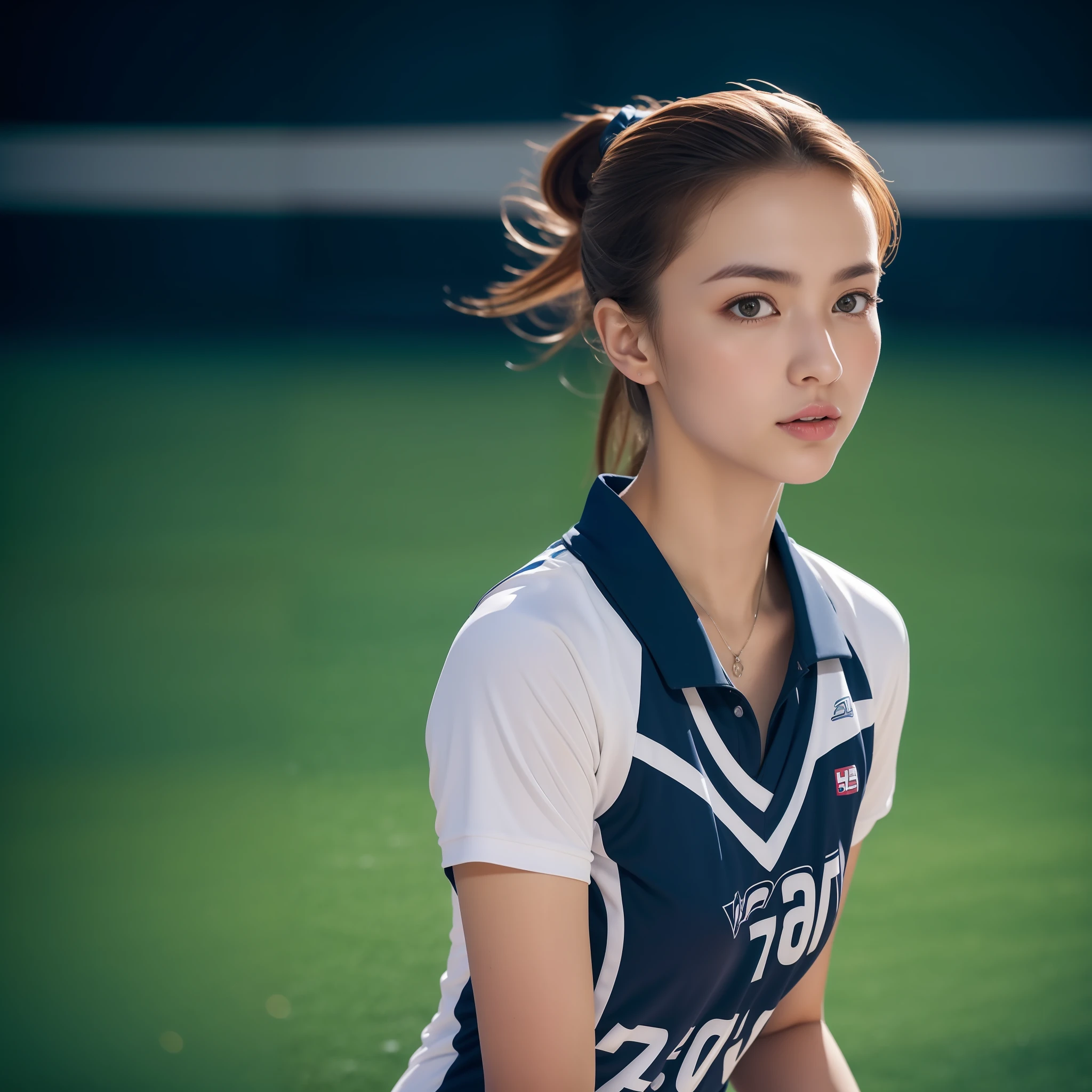 woman posing for a photo,(wearing volley_uniform:1.3), good hand,4k, high-res, masterpiece, best quality, head:1.3,((Hasselblad photography)), finely detailed skin, sharp focus, (cinematic lighting), collarbone, night, soft lighting, dynamic angle, [:(detailed face:1.2):0.2],(((inside volleyball field))), outside,