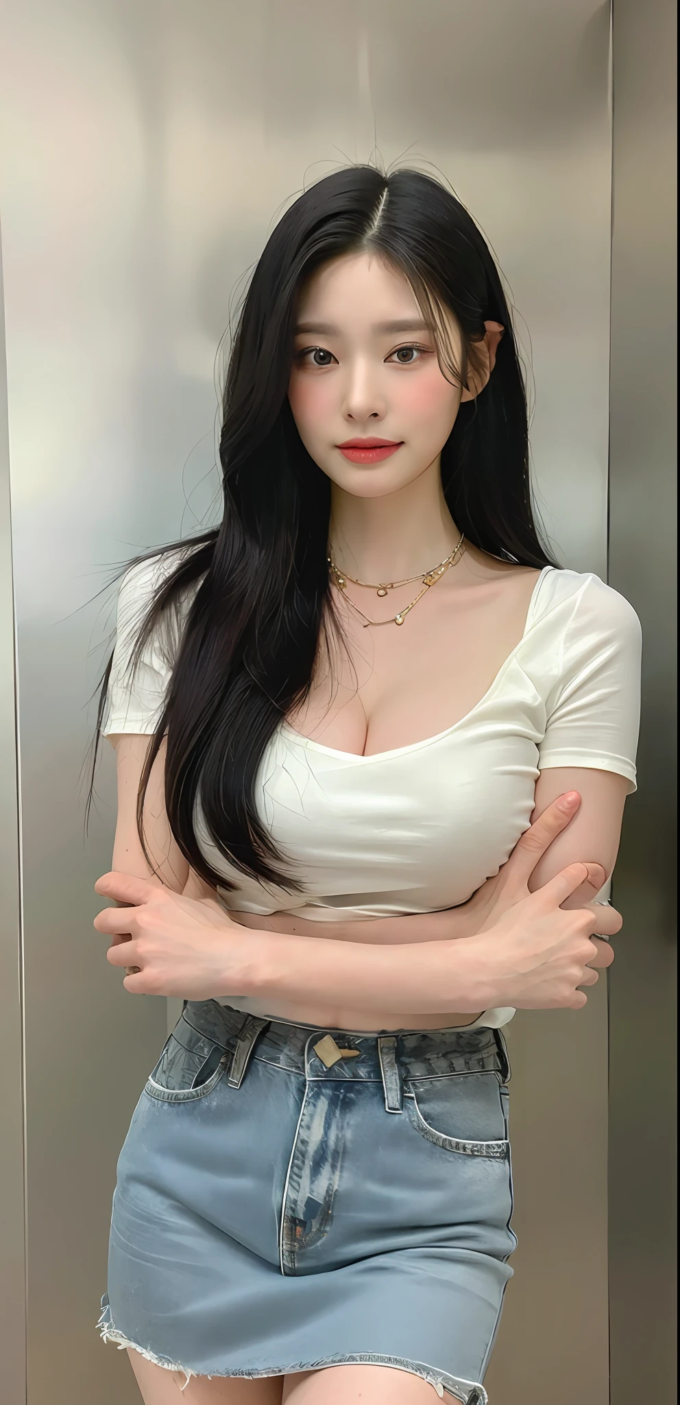 ((Midnight, Best quality, 8k, Masterpiece :1.3)), Sharp focus :1.2, A pretty woman with perfect figure :1.4, Slender abs, thigh :1.1, ((black hair, large breasts :1.2)), (tight t-shirt, jeans skirt, sneakers, standing :1.2), ((inside the elevator :1.3)), Highly detailed face and skin texture, Detailed eyes, Double eyelid, smirk, close up POV, cleavage