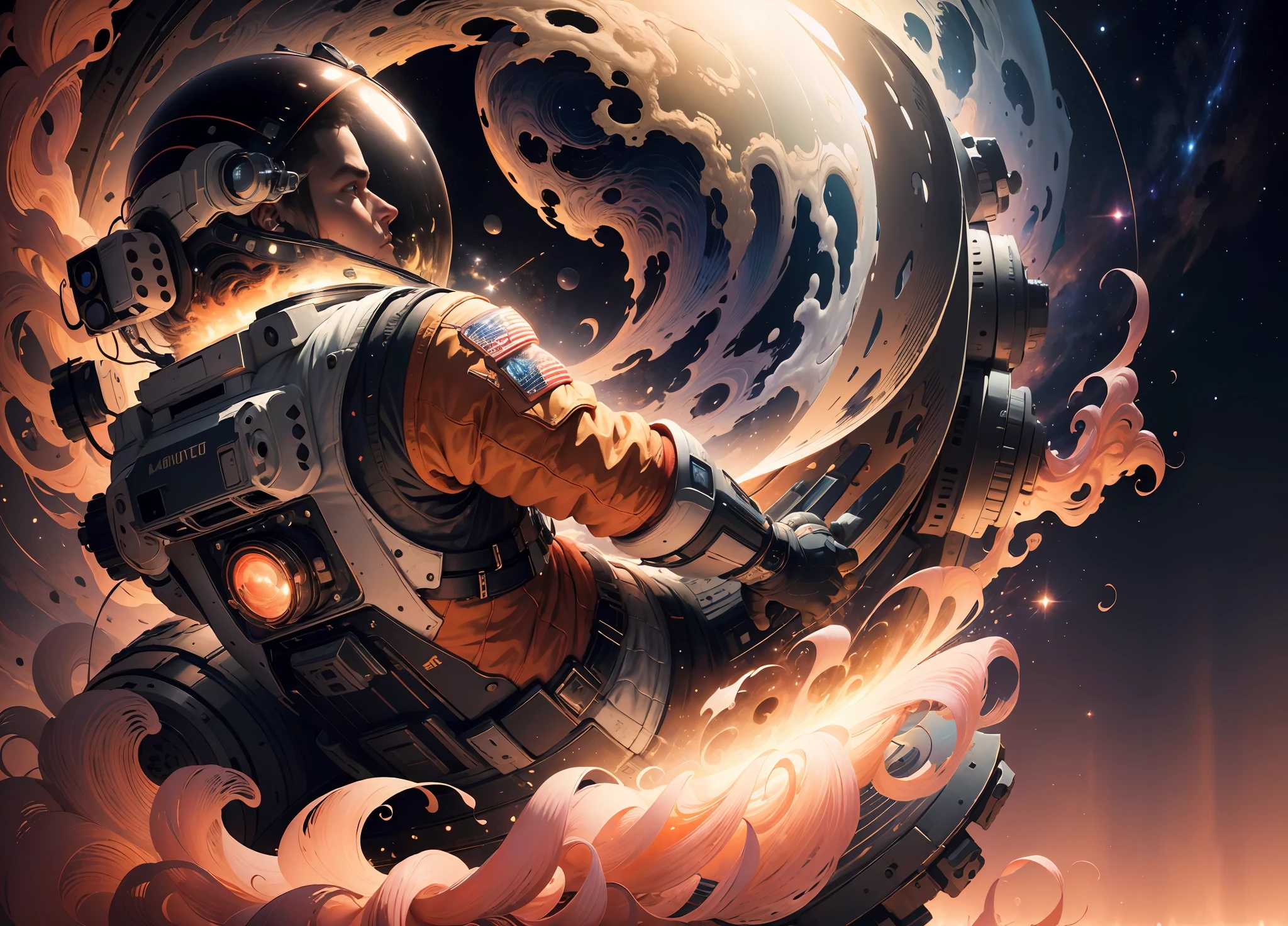((Masterpiece)), (Best Quality)), 8K, high detail, hyper-detail, the painting depicts a scene of breathtaking magnificent spatial images. The picture shows a man wearing a spacesuit, facing back, looking at a red glowing planet in space. The scenes are extremely detailed and the clarity is extraordinary, capturing every intricate detail of the panorama.