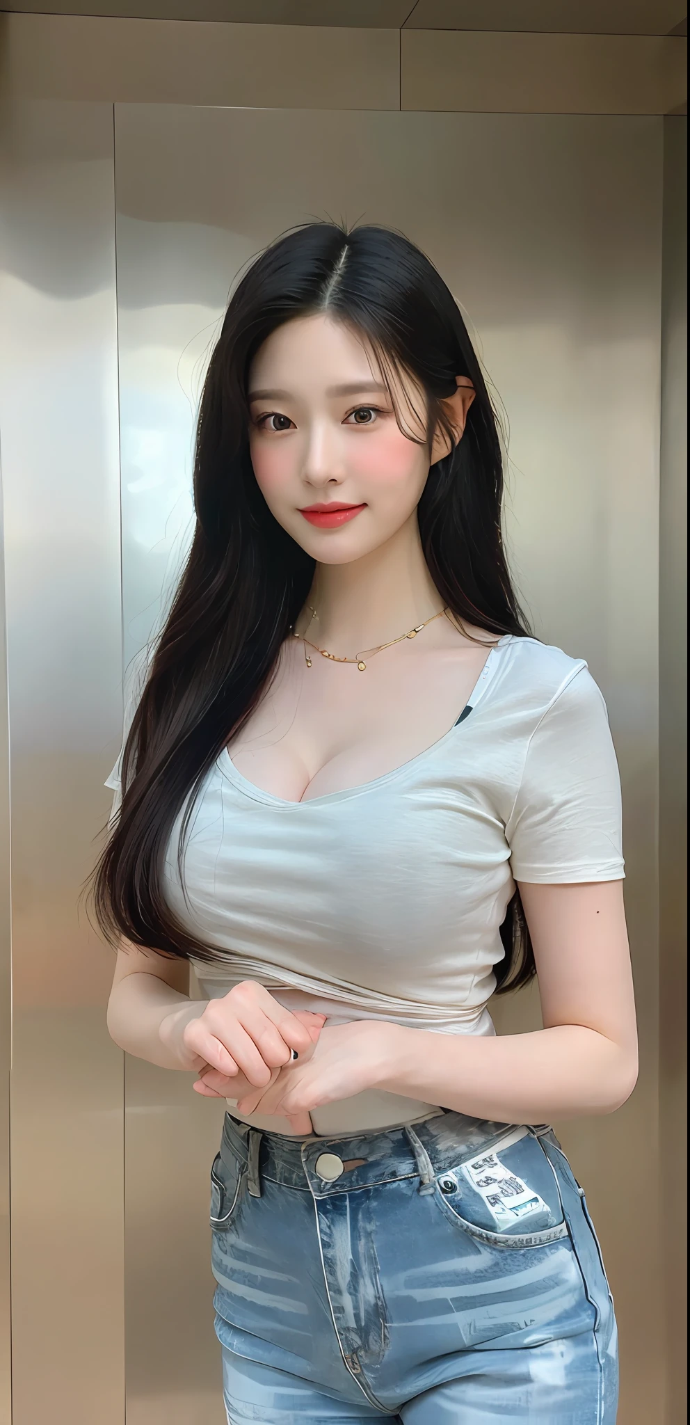 ((Midnight, Best quality, 8k, Masterpiece :1.3)), Sharp focus :1.2, A pretty woman with perfect figure :1.4, Slender abs, thigh :1.1, ((black hair, large breasts :1.2)), (tight t-shirt, jeans skirt, sneakers, standing :1.2), ((inside the elevator :1.3)), Highly detailed face and skin texture, Detailed eyes, Double eyelid, smirk, close up POV, cleavage