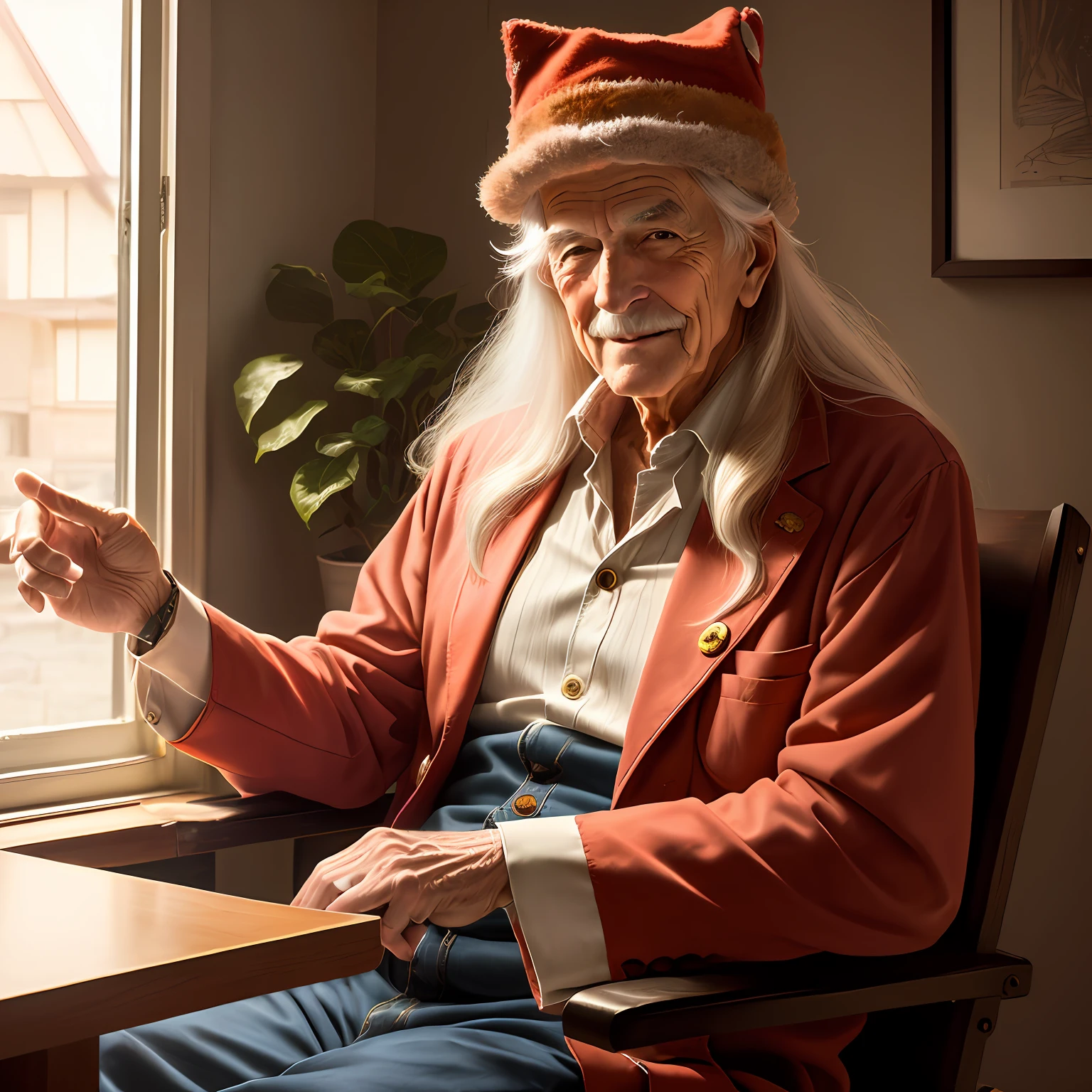 69-year-old man long hair in social clothing and trickster hat playing cuíca