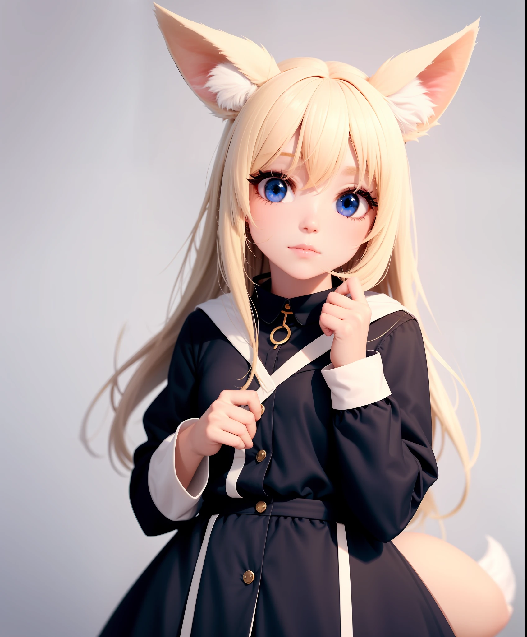 1girl, animal_Ears, fox_Ears, alone, long hair, blue_eye, majo_hand,(tight:1.5)