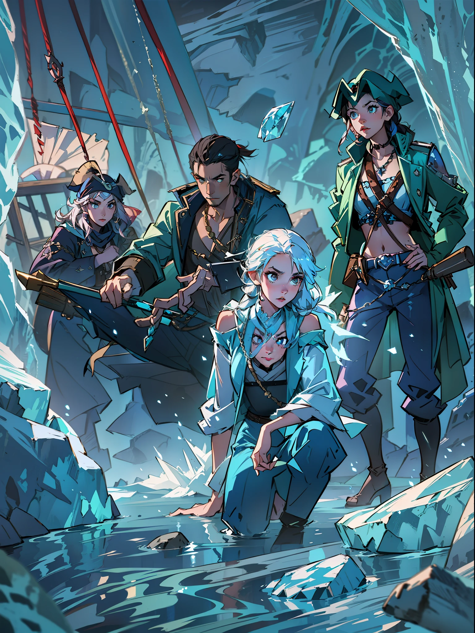 frozen pirate ship, beautiful pirate crew, pirate captain, translucent ice with crystals, frosty atmosphere, mesmerizing refraction, female pirates, group of thieves between rocks waiting for an ambush