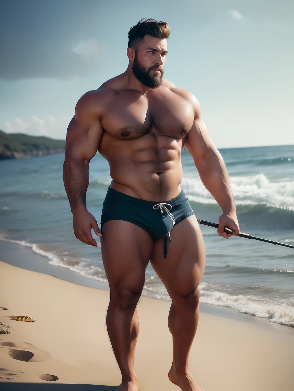 A painting of an insanely handsome hunky 50s attractive fisherman by the ocean, full body, very hairy body, big beefy man, ripped checkered, exposed hairy body, tanned, raunchy, toned body, beach, summer, sunny, soft lighting, muscular, extremely charming, kind smirk, dimple, fishing tools, boats, fish by Craig Mullins, Greg Rutkowski, painterly style, central composition, big nose, big hands, light brown hair, insanely handsome.