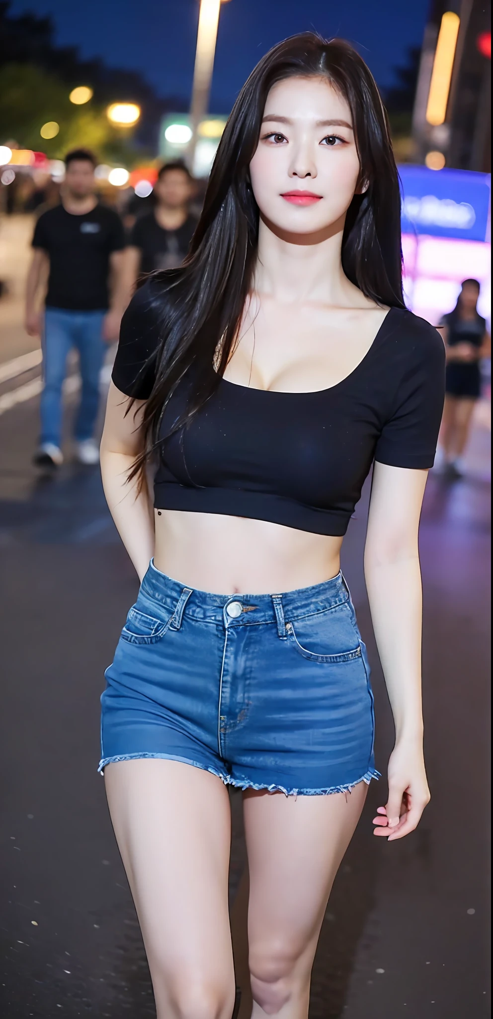 ((Midnight, Best quality, 8k, Masterpiece :1.3)), Sharp focus :1.2, A pretty woman with perfect figure :1.4, Slender abs, thigh :1.1, ((black hair, large breasts :1.2)), (tight t-shirt, jeans skirt, sneakers, standing :1.2), ((night city street, standing :1.3)), Highly detailed face and skin texture, Detailed eyes, Double eyelid, smirk, close up POV, cleavage