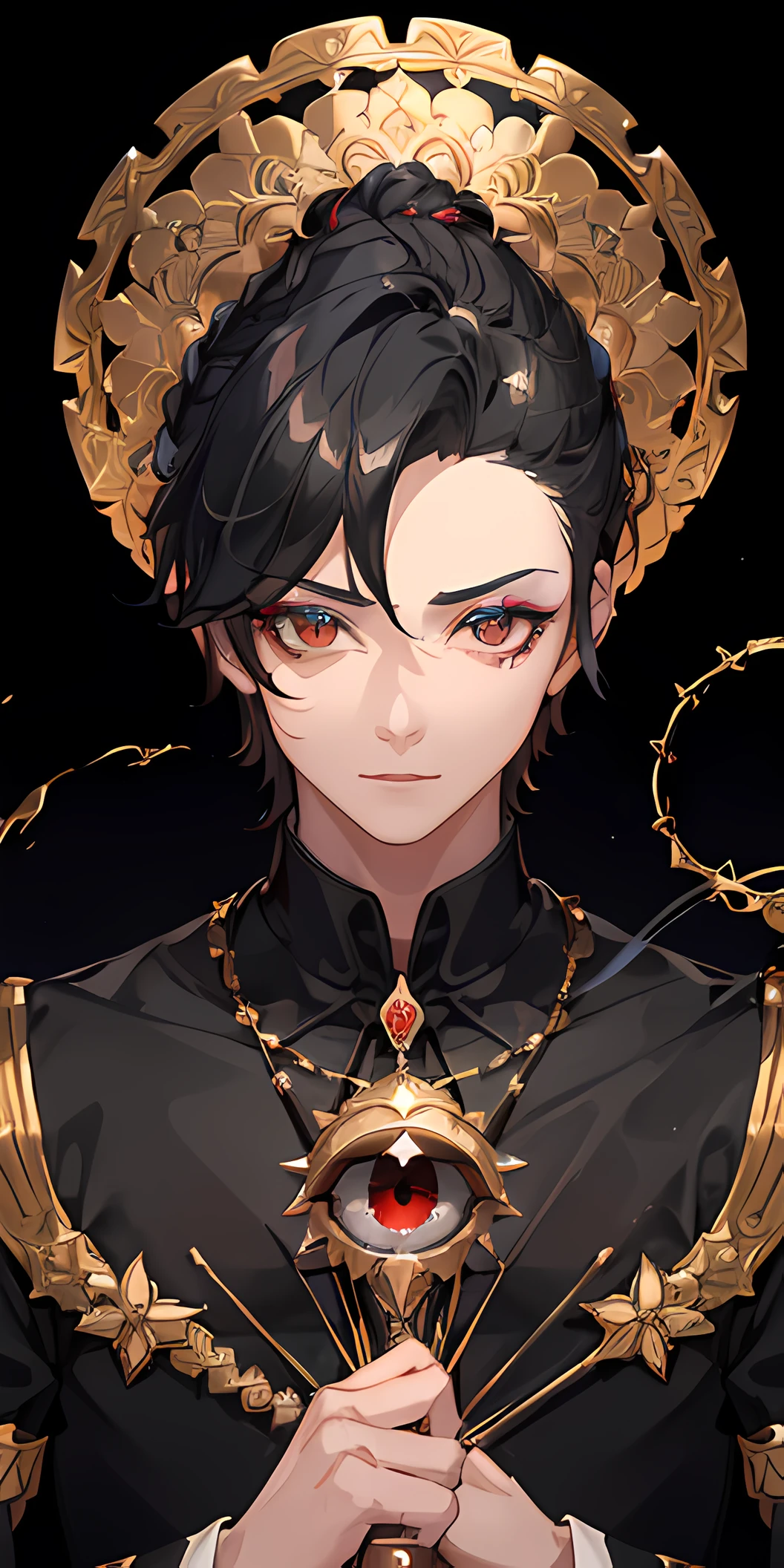 (((1boy))), ((Shaded)), male focus, tmasterpiece, hiquality, (tmasterpiece:1.2), (beste-Qualit:1.2), Brilliant, Realistic, ornate, intricate skin, ((black hair)), (Short Hair Hair), kblack eyes,hair_stick, no shirt,without _clothes рубашки, ornaments, 独奏, hair_bun, hair_ornament, hair_pin, holding_fan, paper_fan, elegant, looking_at_viewer, holding_fan, red_eyeliner, FH, crazy eyes, looking a viewer, constricted pupils, dynamicpose, (eye shadow, thrown on the face:1.3), a dark room, Shadow Room, crazy smile, (upper-body), Sexual