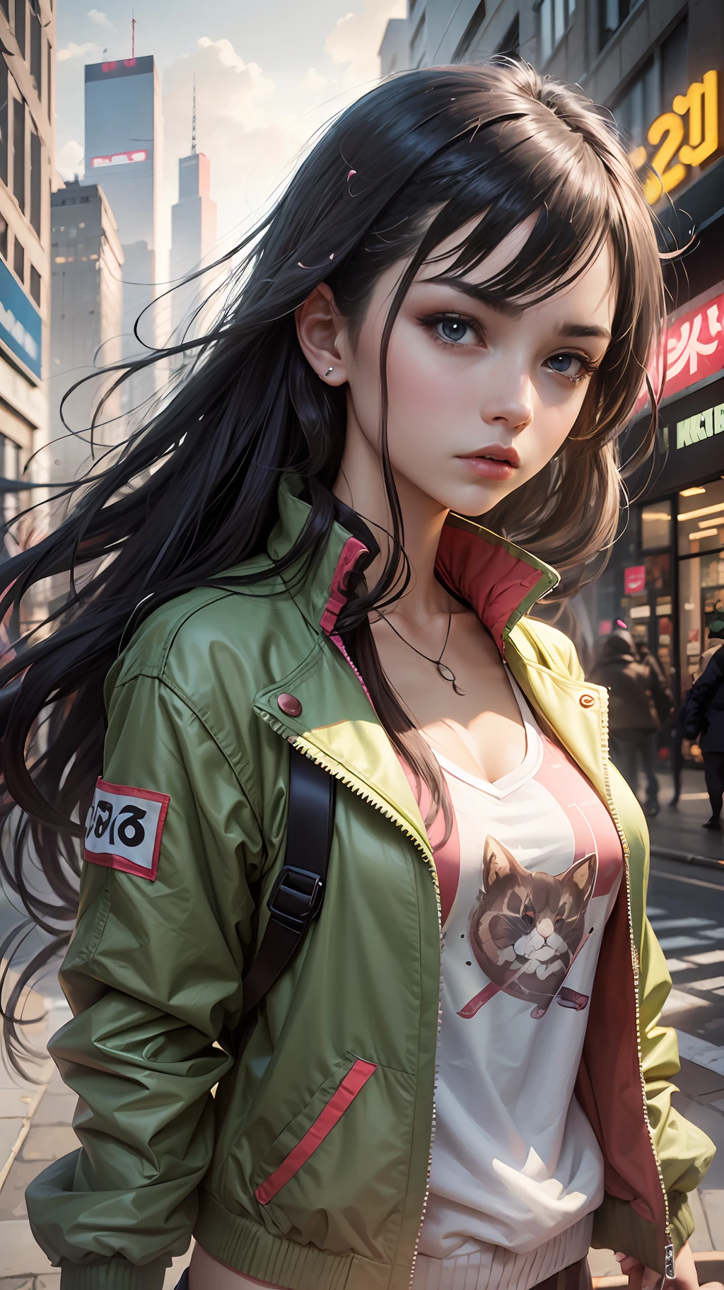 1girl, jam hair, long hair, jam eyes, angry, jam jacket, walking, cityscape, upper body