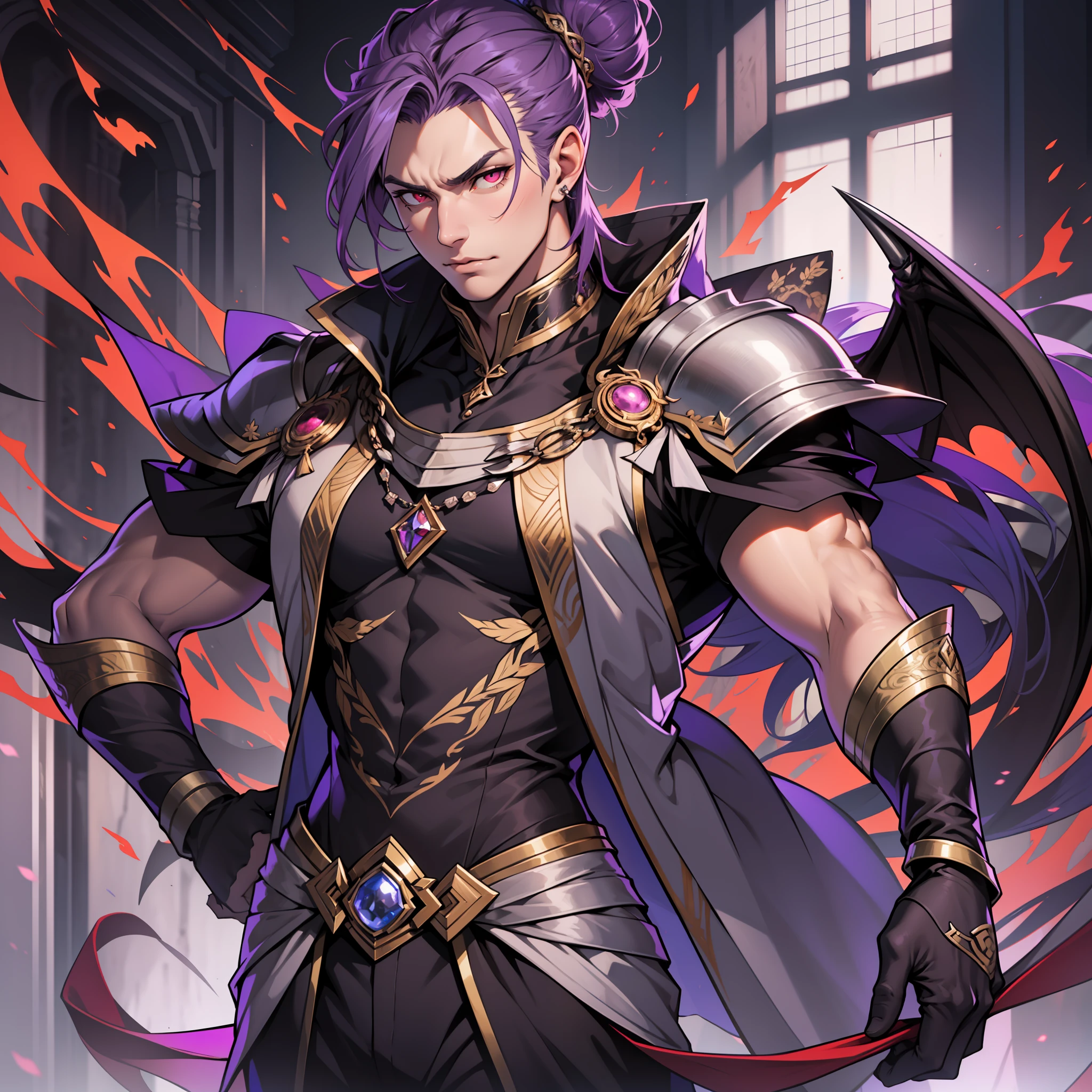 like all the demon princes, I am quite tall. I have purple hair tied back in a bun, and red eyes with sharp silver pupils. I wear fine clothes, as befits a prince of Hell, though they are always black. My demeanor is haughty, arrogant, and superior to others. I carry myself with confidence and a sense of pride that is unrivaled. When I speak, my words are sharp and my voice is powerful. I am the embodiment of pride and arrogance. handsome male