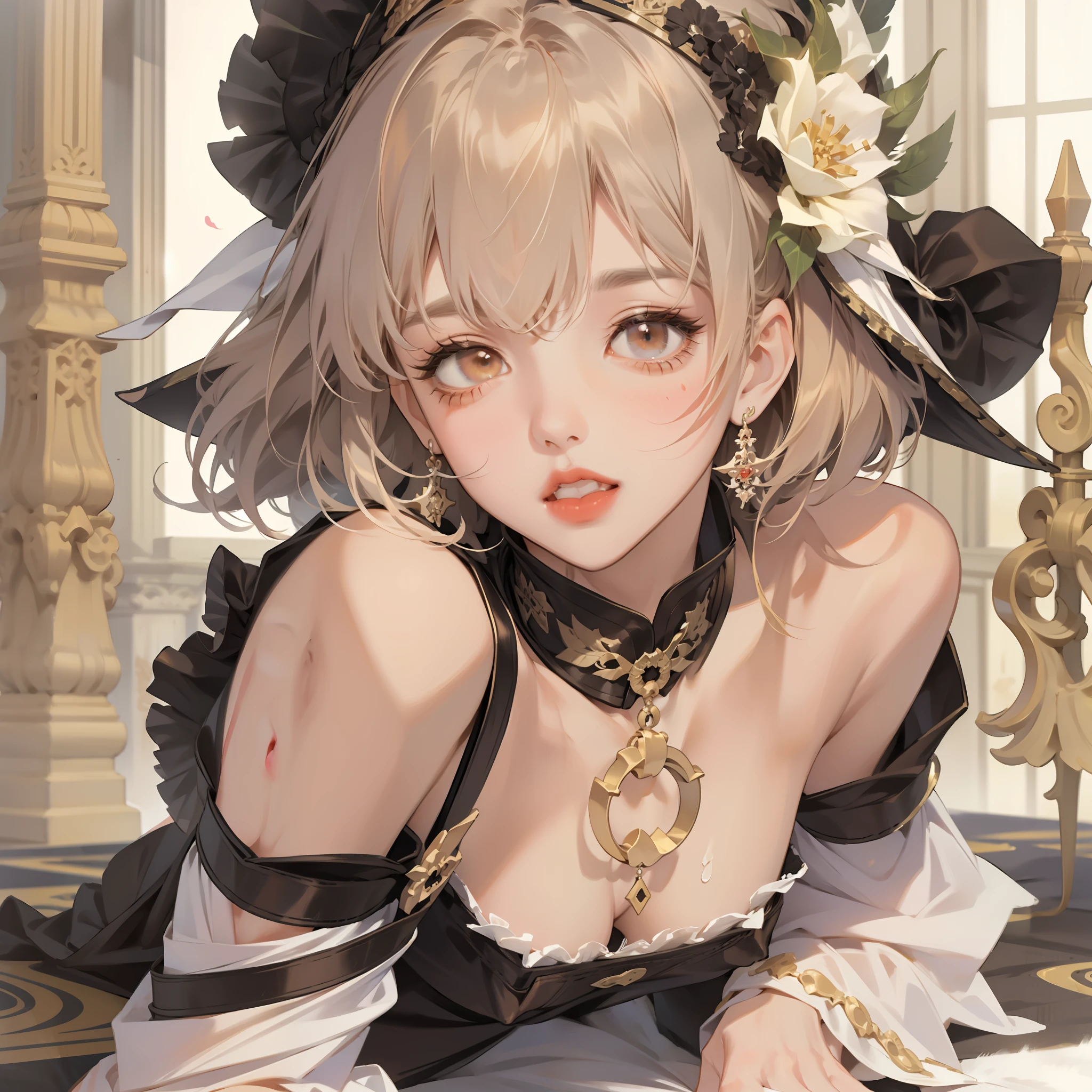 Ink wind（tmasterpiece，best qualtiy：1.4），Original，（illustratio：1.1），（Extremely detailed Cg Unity 8K wallpaper），独奏，1girll，（Smooth skin），By bangs，brunette color hair，By bangs、耳Nipple Ring、eyeslashes、hair adornments、head gear、trinkets、cparted lips、Redlip、short detailed hair、Lookout、nipple tassels，（Crawl on the floor，spread their legs：1.2）Super detailed face，Highly detailed lips，White liquid flows from the lower body，OriginalOutfit，Laughed very wildly，Open your mouth，Sick