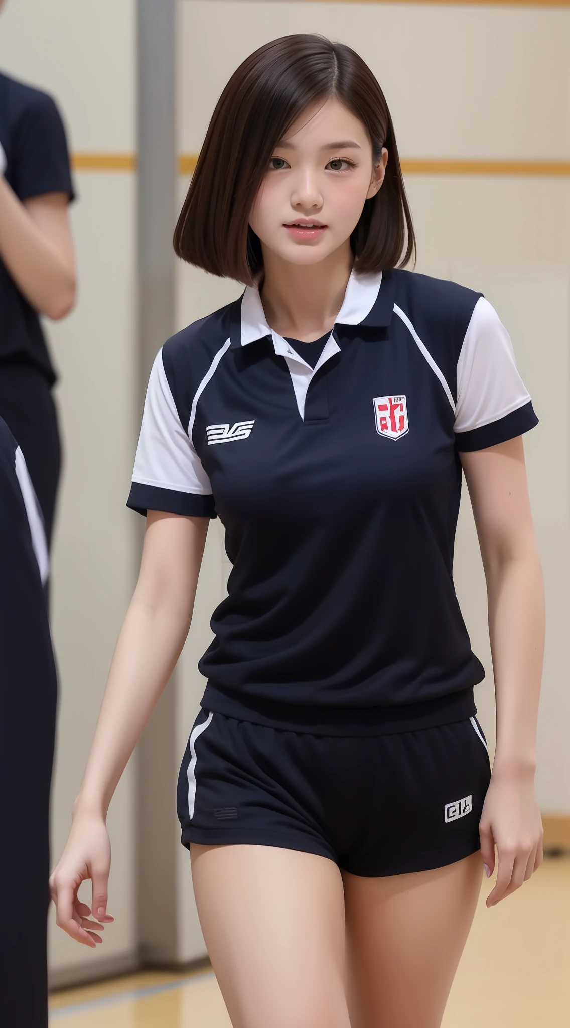 high-level image quality、8K、1 female、Solo Images、Beautuful Women、Volleyball Club、uniform、cute little、jpn、The whole body is shown、1 persons、Shortcut Hair、Gymnasium、dual、Red uniform、White uniform、Breasts are big、buruma、shortpants
