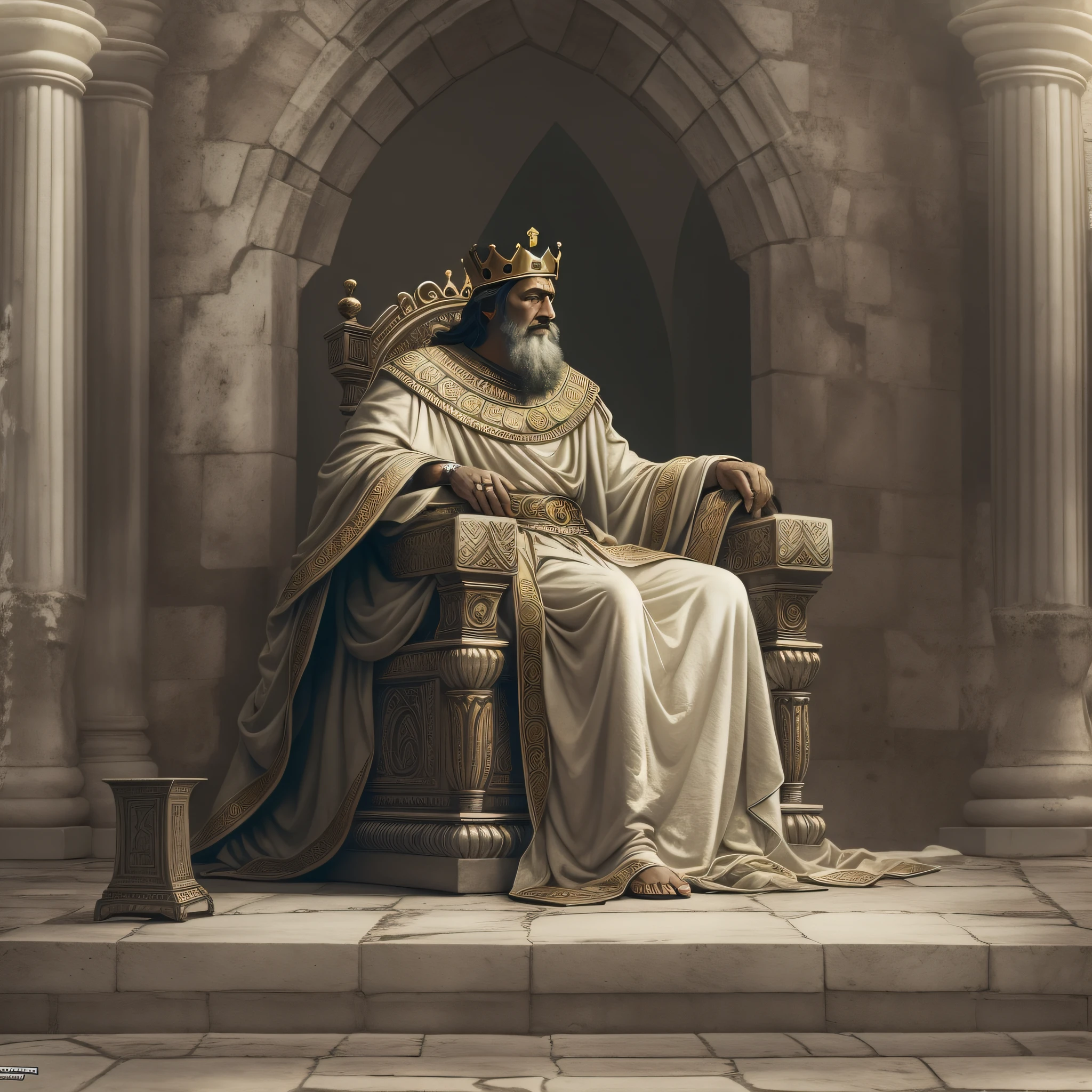 homem israelita rei nos tempos antigos, King Solomon sitting on his throne alone