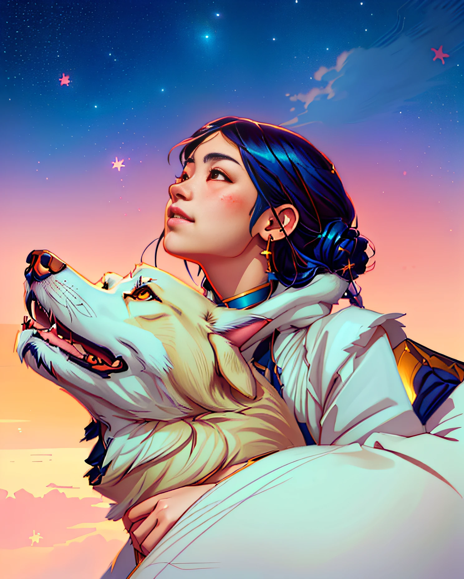 anime girl and dog looking up at the stars, artwork in the style of guweiz, artgerm and atey ghailan, by Yang J, guweiz, stunning art style, ross tran and michael whelan, by Zhou Fang, in the style of ross tran, fantasy art style, by Chen Lin, by Qu Leilei, by Li Song