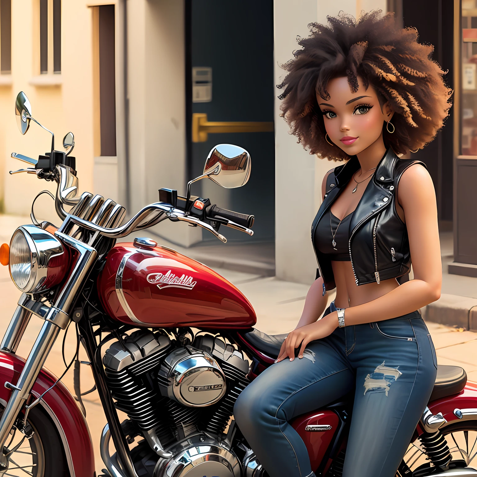 Barbie doll next to kent on motorcycle, Kent negro con el pelo a lo afro