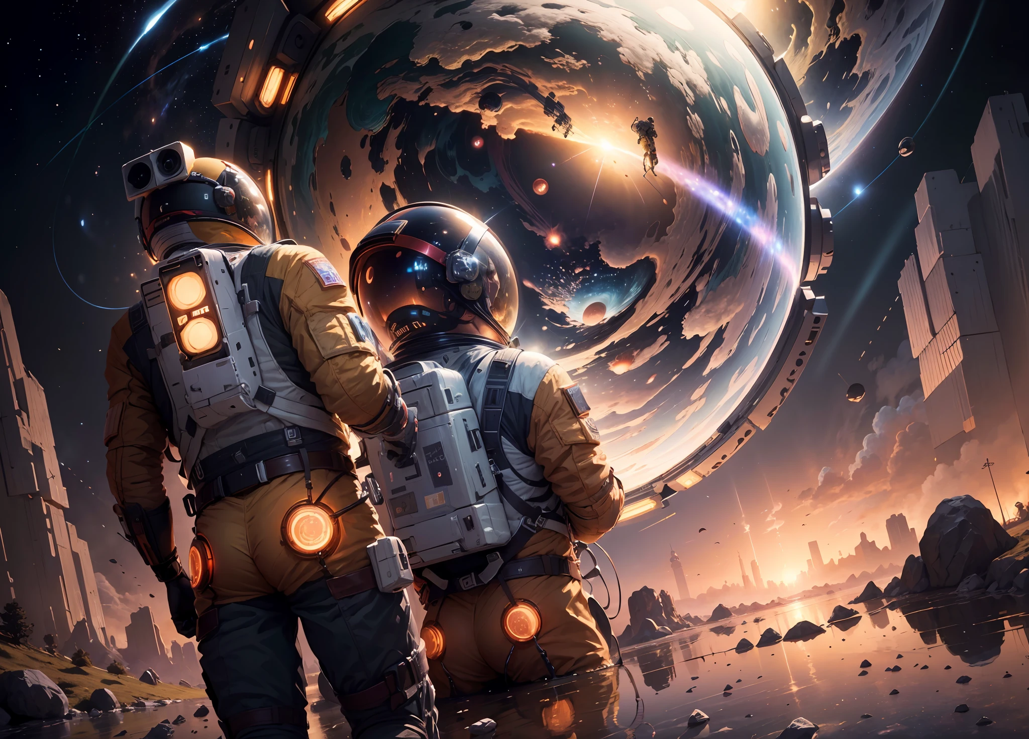 ((Masterpiece)), (Best Quality)), 8K, high detail, hyper-detail, the painting depicts a scene of breathtaking magnificent spatial images. The picture shows a man wearing a spacesuit, facing back, looking at a red glowing planet in space. The scenes are extremely detailed and the clarity is extraordinary, capturing every intricate detail of the panorama.