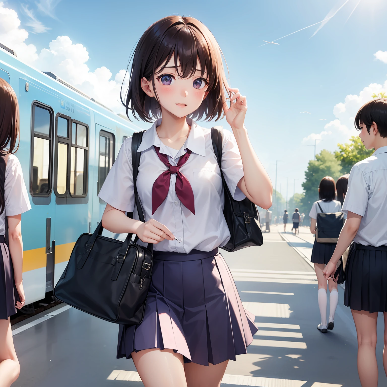 Summer sky、Hot、perspiring、schoolgirls、Commuting to school、White blouse、Train、station、wicket、