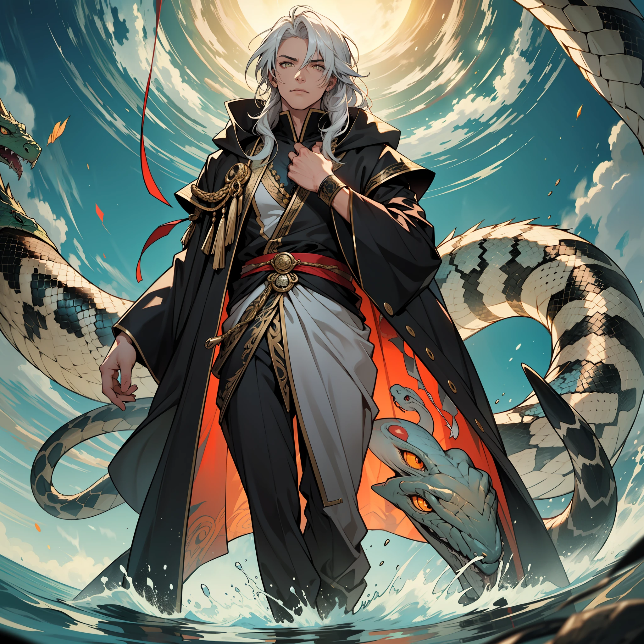 I stand six foot and six inches in height. I have long white hair tied up neatly. My eyes are yellow, with snake-like slits for pupils, like those of the basilisk. My body is sculpted to perfection, like that of an adonis, with muscles that ripple under the sun's light. My skin is bronze-like. I wear a long black silk robe that is adorned with silver trim, which flows behind me like a river when I move my body. Sometimes I wear a cloak draped over my left shoulder, so when I walk it looks like I'm carrying a long serpent in tow.