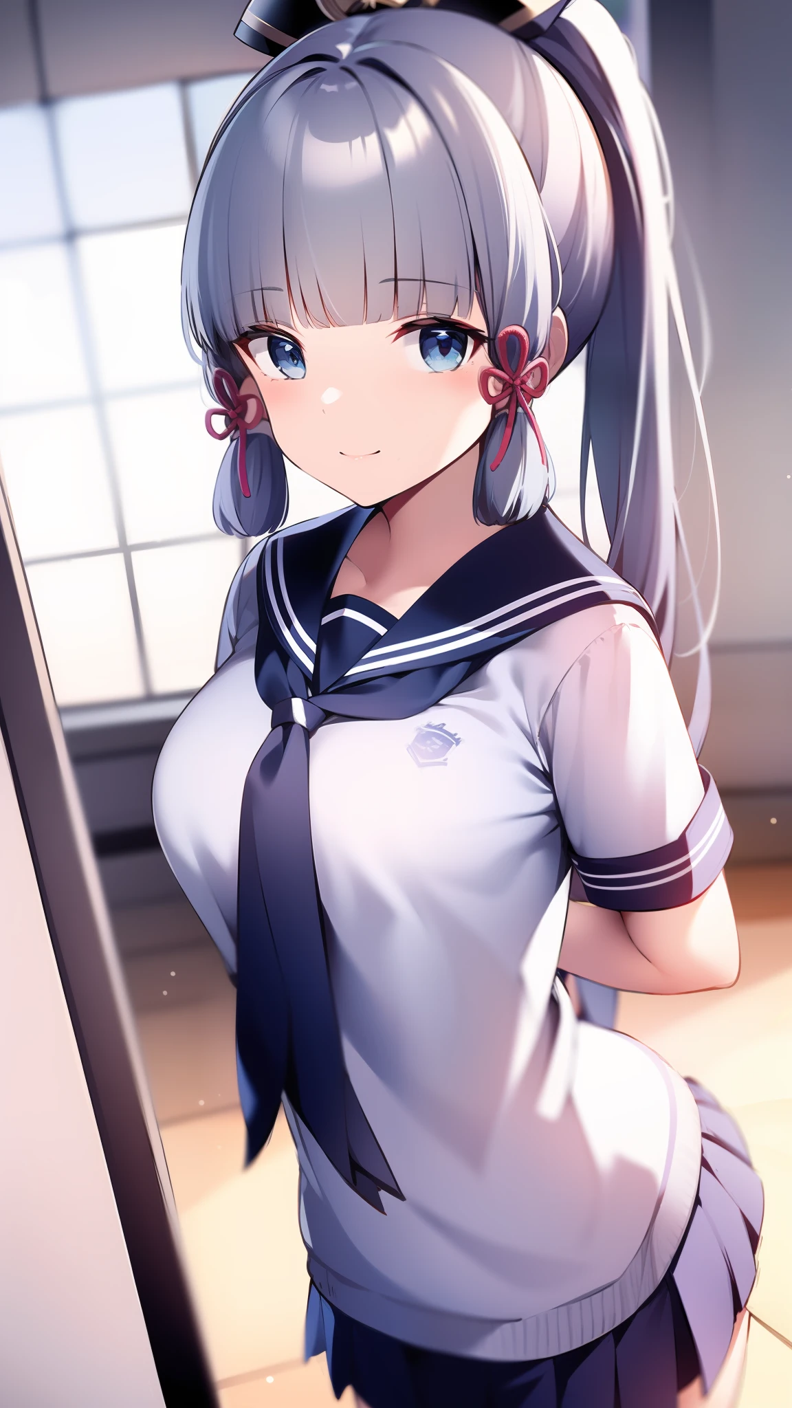 (masterpiece, best quality, ultra-detailed, illustration),genshin impact, kamisato, 1girl,solo,ayaka hair ornament,cowboy shot,ponytail, blunt bangs,blue eyes, smile, closed mouth, eyebrows visible through hair, long hair, silver hair, looking at viewer, indoors,medium breasts,school uniform, serafuku, sailor collar, pleated skirt,