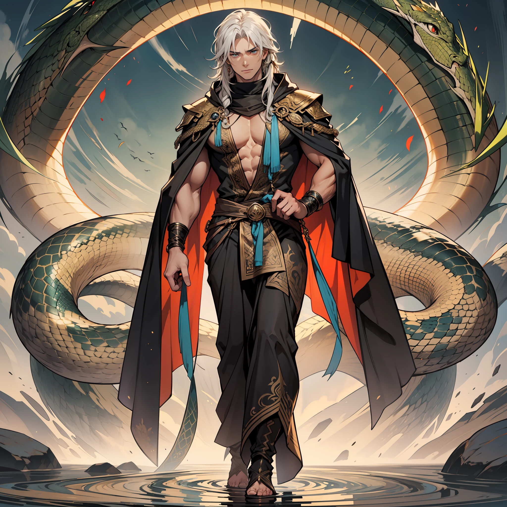 I stand six foot and six inches in height. I have long white hair  neatly. My eyes are yellow, with snake-like slits for pupils, like those of the basilisk. My body is sculpted to perfection, like that of an adonis, with muscles that ripple under the sun's light. My skin is bronze-like. I wear a long black silk robe that is adorned with silver trim, which flows behind me like a river when I move my body. Sometimes I wear a cloak draped over my left shoulder, so when I walk it looks like I'm carrying a long serpent in tow.