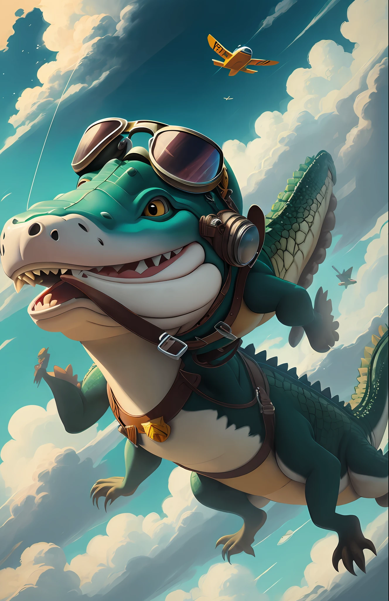 Good frame. A flying funny and happy crocodile flies among the clouds, its paws spread wide, a leather pilot's helmet and flight goggles are on its head, Close-up. Super photorealistic, Disney Pixar cartoon style. Muted colors, Haze. --auto --s2