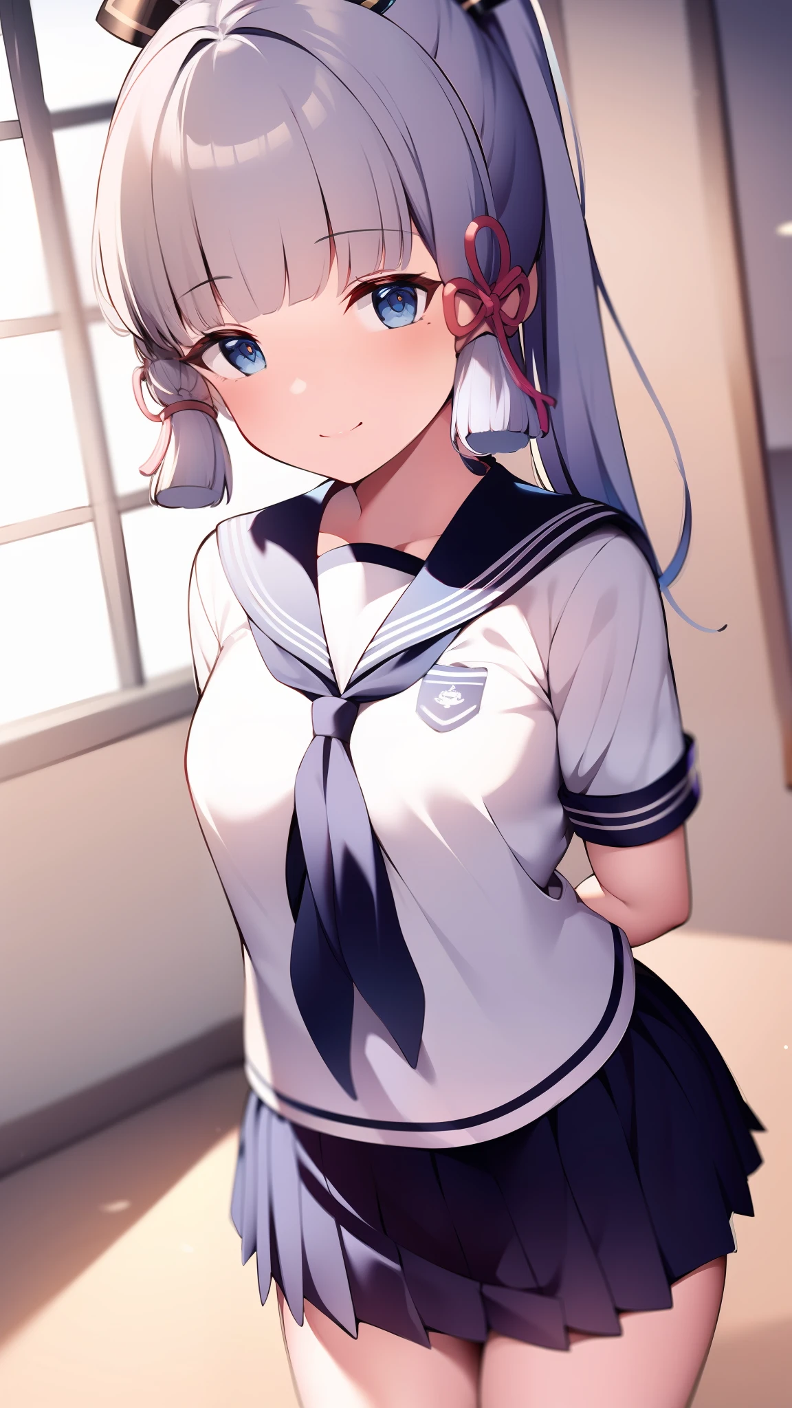 (masterpiece, best quality, ultra-detailed, illustration),genshin impact, kamisato, 1girl,solo,ayaka hair ornament,cowboy shot,ponytail, blunt bangs,blue eyes, smile, closed mouth, eyebrows visible through hair, long hair, silver hair, looking at viewer, indoors,medium breasts,school uniform, serafuku, sailor collar, pleated skirt,