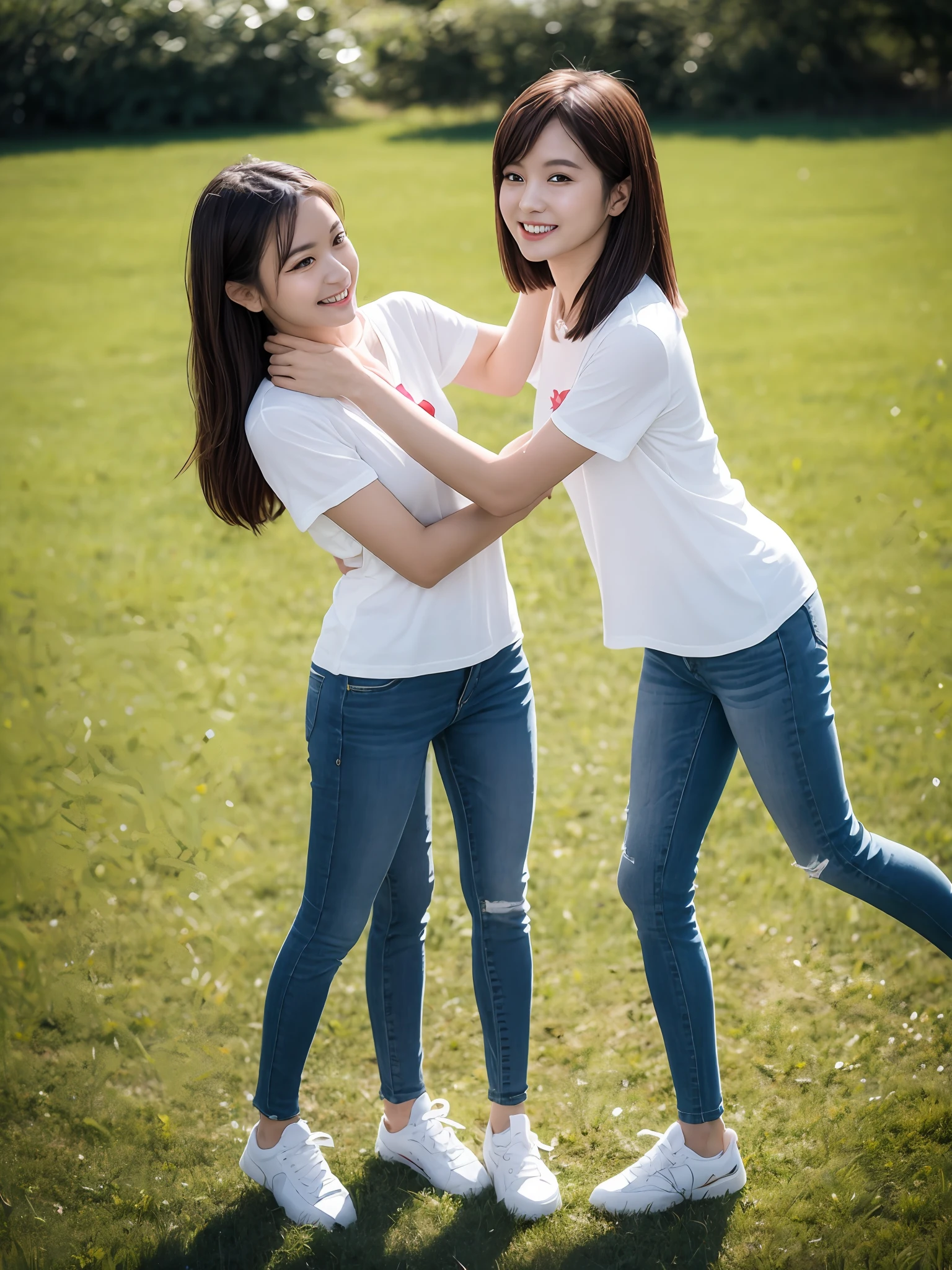 （超高分辨率，RAW photogr，realisticlying，tmasterpiece，best qualtiy：1.4），Complicated details，3个女孩，3 20 year old Korean girl，Wear a loose black T-shirt and skinny jeans，Stand on the grass and take pictures，hugs，Intimate relationships，Detailed meadow，A sweet smile on a small face，Ultra-realistic facial details，The face and skin are pink and white, and luminous，Ribbons and hair accessories，Playful and coquettish pose，The calves are straight and slender:1.2，Wear high-end brand sneakers:1.0，eventide：0.3，Broad lighting，naturalshadow：1.0，超高分辨率，taking a full body photo:1.8 --auto