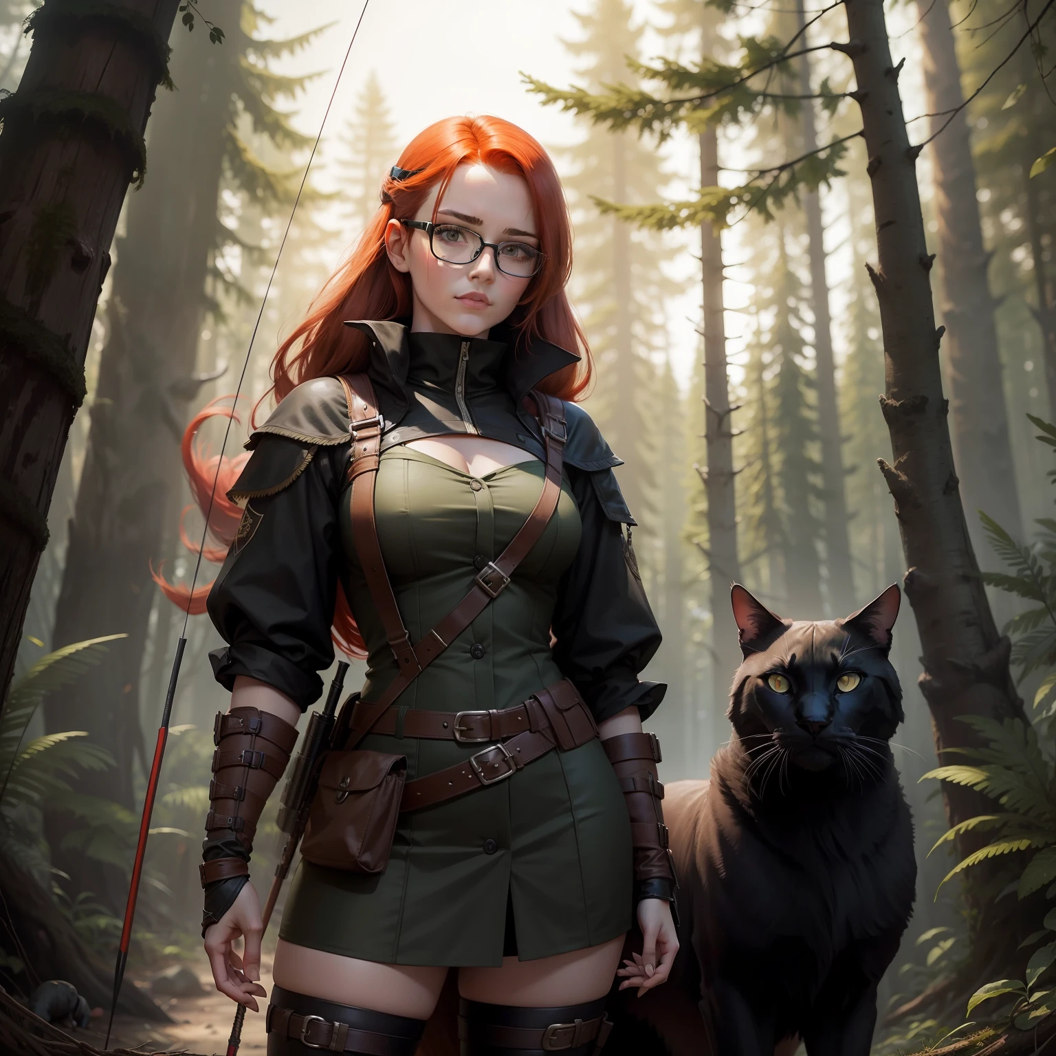 glasses wearing redheaded female hunter with exotic black cat and black dog in the wilderness with a longbow