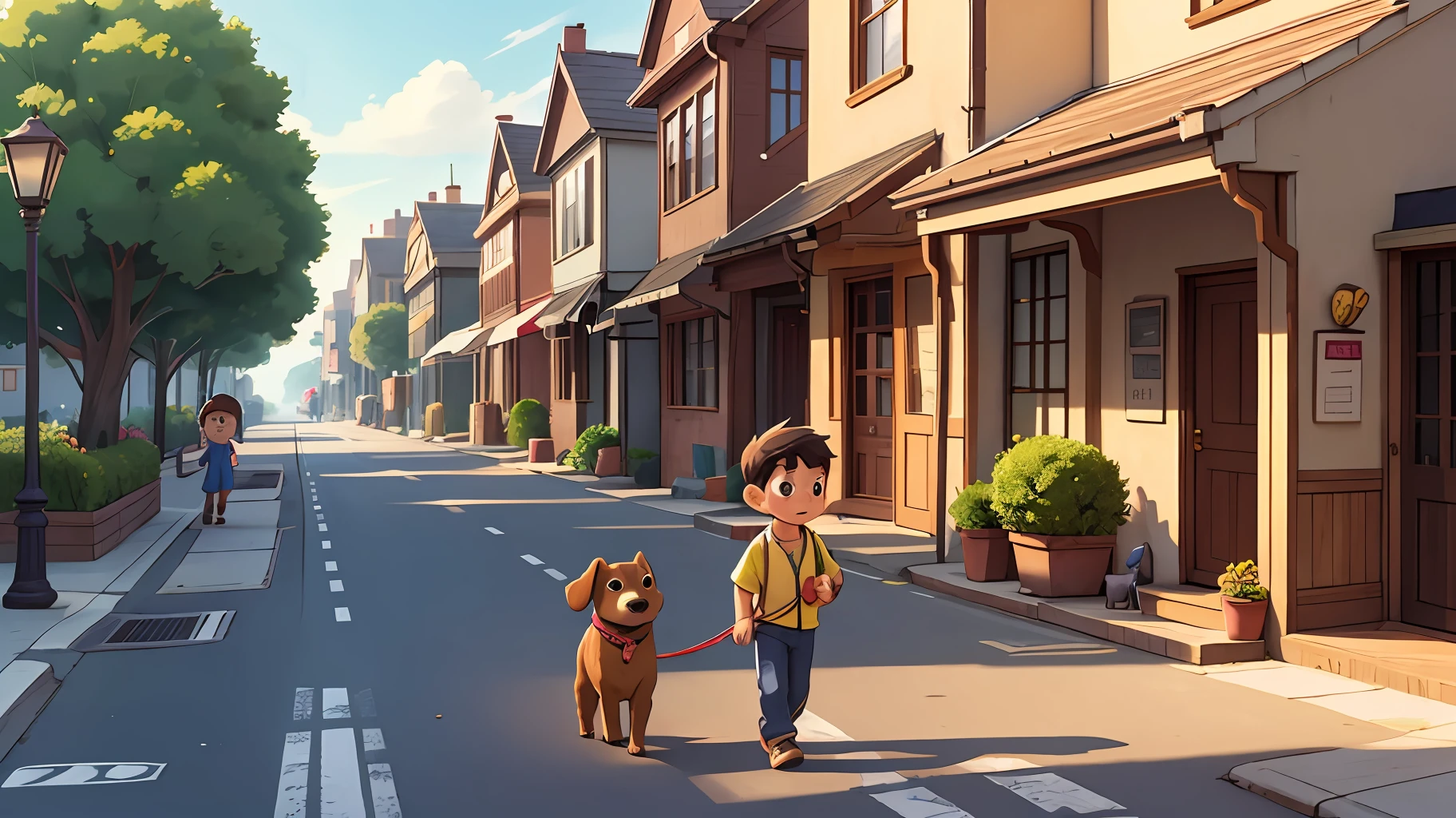 A boy walking down the street with his dog, children's book illustration