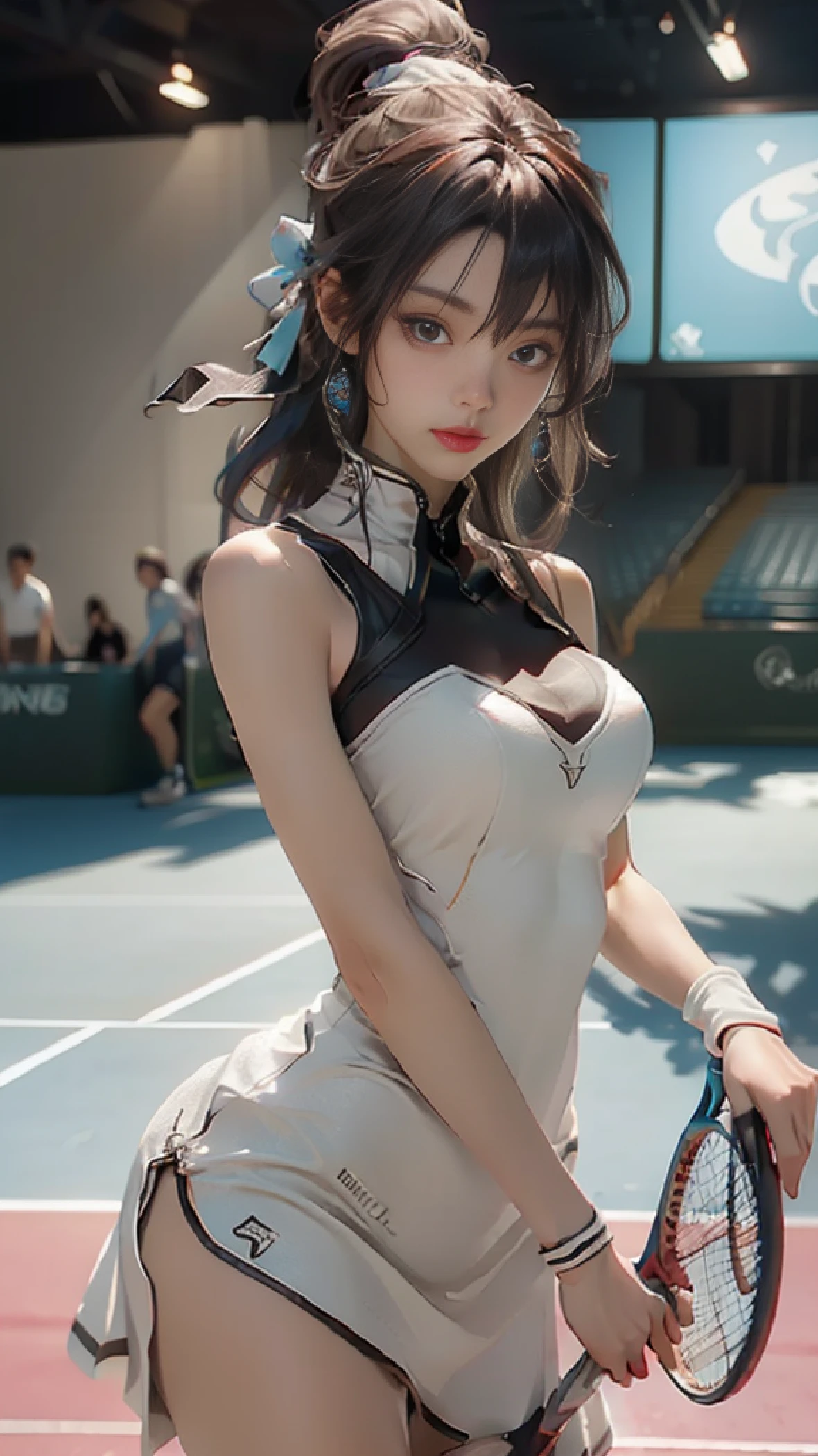 ((Best Quality)), ((masutepiece)), (Detailed:1.4), 3D, nffsw (High dynamic range),Ray tracing, Hyper-Resolution,Unreal 5,Subsurface scattering,PBR Texturing,Post-processing,Anisotropy Filtering,depth of fields,Maximum clarity and sharpness,multi-layer texture,Albedo and specular maps,Surface Shading,accurate simulation of light and material interactions,Perfect proportions,Octane Render,Two-tone lighting,Wide aperture,Low ISO,White Balance,thirds rule,8K Raw, Woman holding tennis racket on tennis court, dribbling, blue silk dress, a macro giantess, cute top