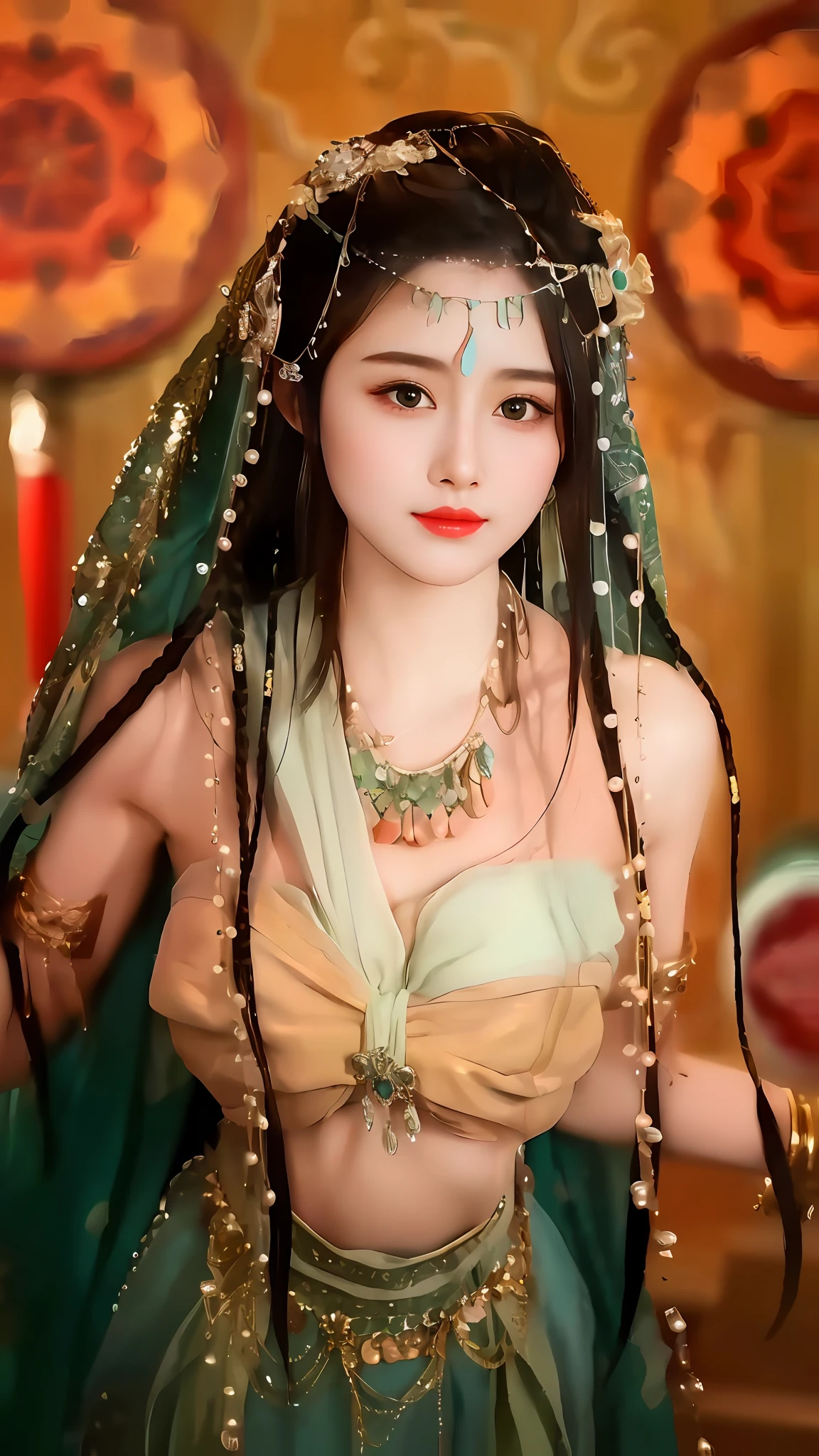 Aravi woman in a green dress,Wearing veils and jewelry, Beautiful goddess, a beautiful fantasy empress, ((a beautiful fantasy empress)), beautiful age girl, portrait of a beautiful goddess, Traditional beauty, Beautiful oriental woman, Princesa chinesa antiga, beautiful fantasy maiden, inspired by Du Qiong, China Princess, a stunning portrait of a goddess, young goddess