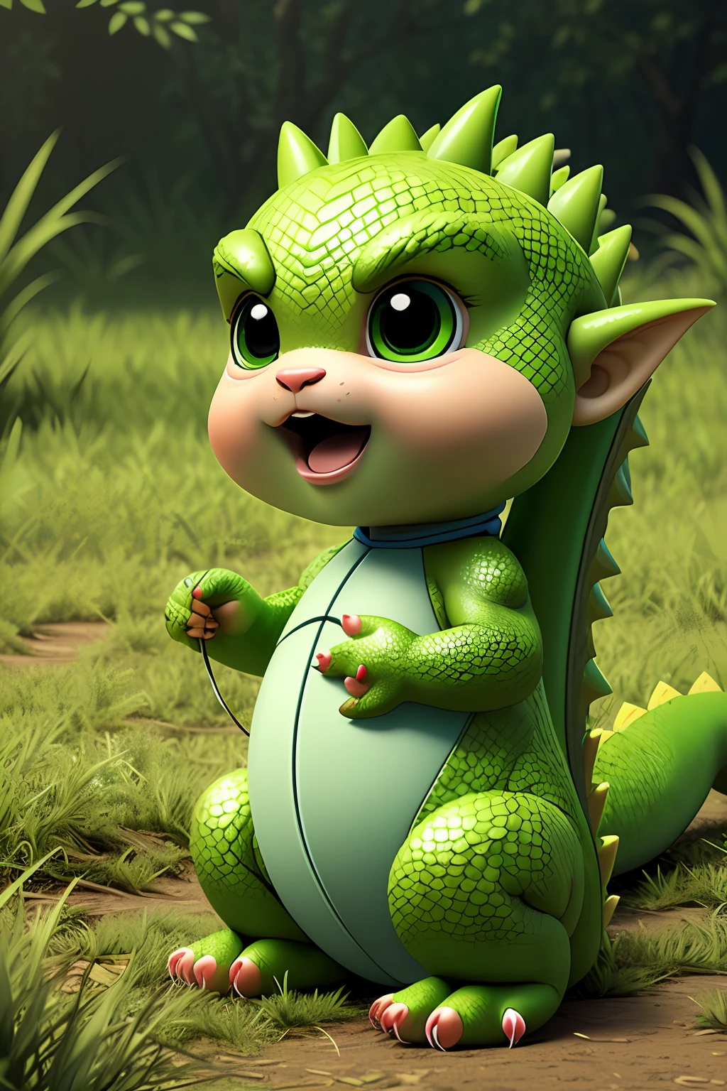 cutest illustration of  a green dragon lying on the ground, art-station, ....cgi_animation