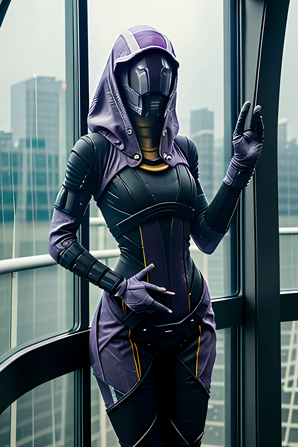 photo of female tali on observation deck, (skinny:1.3), sexy, very tall, rain, wet fabric, hood, purple bodysuit, (reflective mask:1.1), (glass mask:1.3), (helmet, faceless), hood up, alien, inside, facing viewer, wide hips, (poor quality photo:1.1)