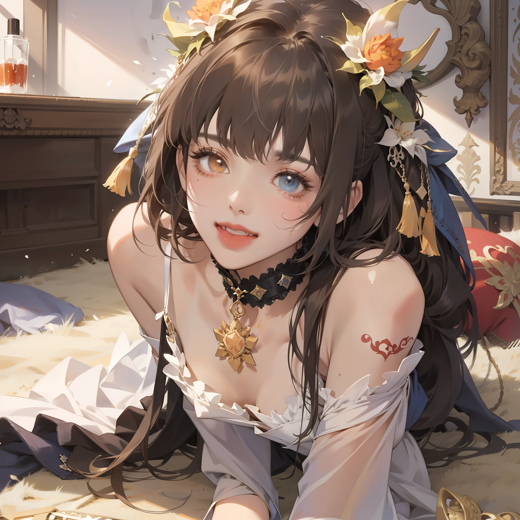 Ink wind(tmasterpiece,best qualtiy:1.4),Original,(illustratio:1.1),(Extremely detailed Cg Unity 8K wallpaper),独奏,1girll,(Smooth skin),By bangs,brunette color hair,By bangs、耳Nipple Ring、eyeslashes、hair adornments、head gear、trinkets、cparted lips、Redlip、short detailed hair、Lookout、nipple tassels,(Crawl on the floor,spread their legs:1.2)Super detailed face,Highly detailed lips,White liquid flows from the lower body,OriginalOutfit,ruler_tattoo, Pale skin, Solo, Heterochromia,Laughed very wildly,Open your mouth,Sick