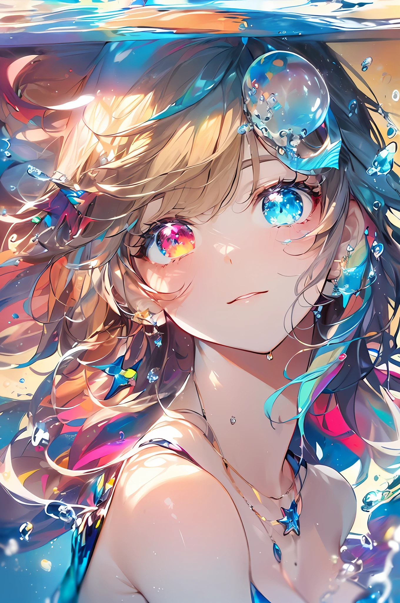 ((Masterpiece, Top quality, water color art (pendant), offcial art, Beautiful and aesthetic: 1.2)), (Golden ratio: 1.2), (full bodyesbian: 1.2), (Ultra detail: 1.3), (1 girl: 1.3), (Fractal art: 1.3), full bodyesbian, (Glitter Pupil)), Pattern, (rainbow colour hair, Colorful hair, Half light blue and half pink hair: 1.2)), Colorful, Writing, (Heterochromia), (Colorful: 1.5), ((swimsuit)), (((Shy face)), ((Tiny micro bikini)), (Standing figure), (Hyper-detailing), (exquisitedetails)), (complexdetails), ((Cinematic light, Top Quality Backlight)), High contrast, ((BEST lighting, Very delicate and beautiful)), ((Cinematic light)), (ray-traced reflection, Shine) (Glowing aura)), ((Glowing aura)), ((Glowing hair)), ((Super detail)), (((8K)), ((Close up)), Delicate beautiful face and eyes,focus onface, Deep sea background,Masterpiece,Detailed splash water, beautiful detailed water, Shock sensation, (Real: 0.5), Original 2 High Saturation, (Surrounded by colorful splash spots), Colorful bubbles, Glasses, (((mermaid))