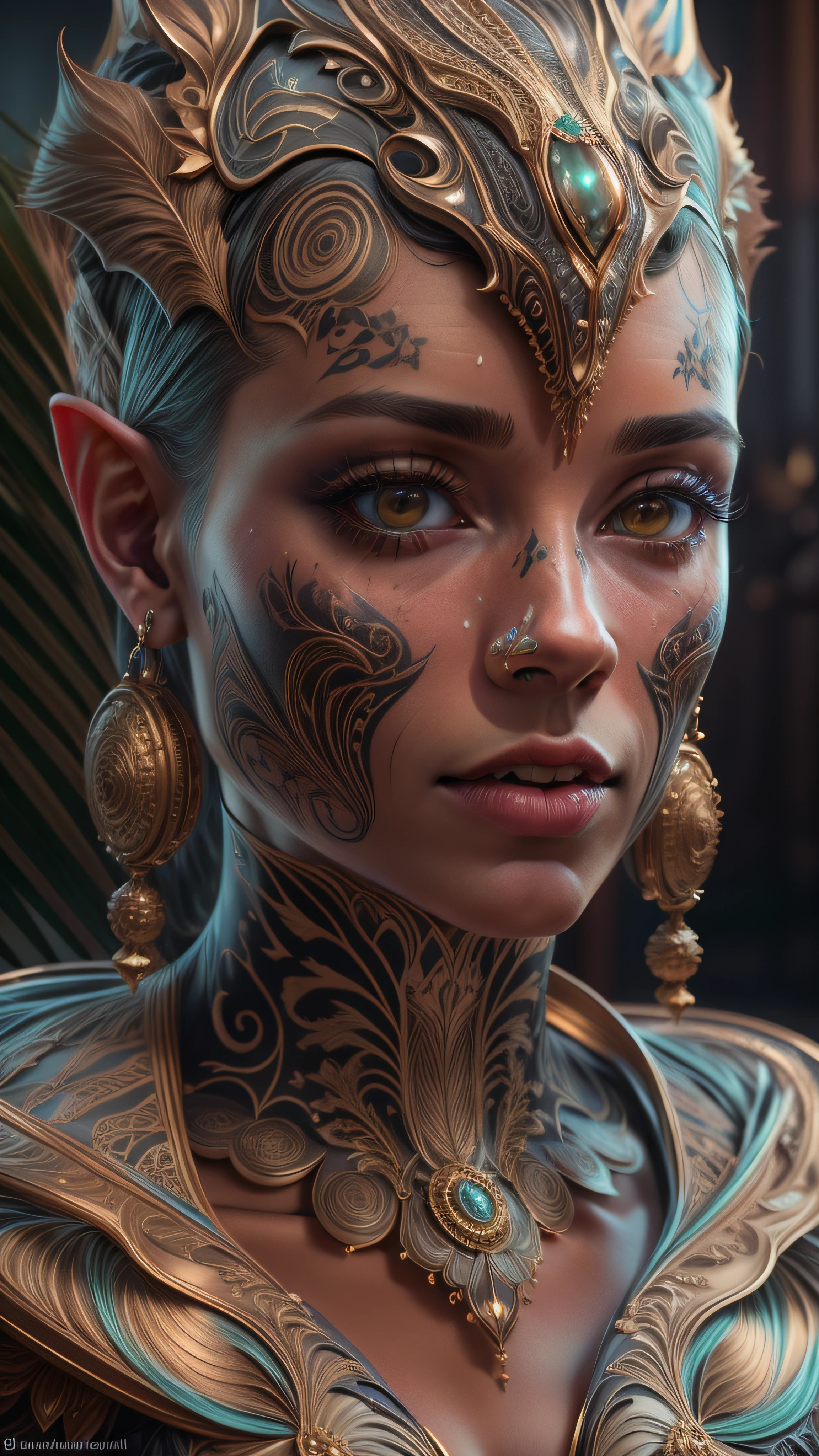 mulher de araffe em um vestido com uma tatuagem em seu peito, cinematic bust portrait, cinematic bust shot, estilo fantasia 8 k octane render, 3 d render arte do caractere 8 k, realistic fantasy rendering, unreal engine render + uma deusa, Trending in ArtStation 4K, 4K fantasia detalhe, 8k portrait render, 8k arte detalhada de alta qualidade