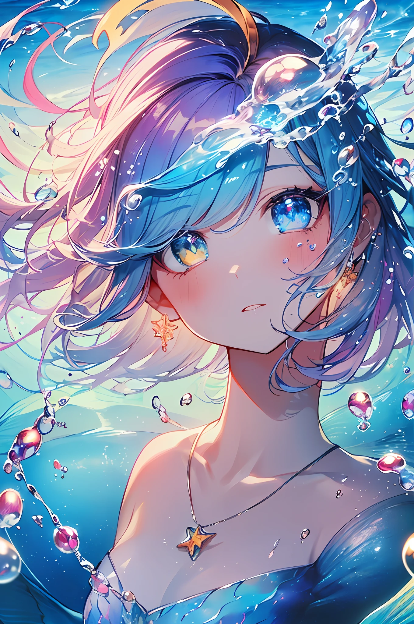 ((Masterpiece, Top quality, water color art (pendant), offcial art, Beautiful and aesthetic: 1.2)), (Golden ratio: 1.2), (full bodyesbian: 1.2), (Ultra detail: 1.3), (1 girl: 1.3), (Fractal art: 1.3), full bodyesbian, (Glitter Pupil)), Pattern, (rainbow colour hair, Colorful hair, Half light blue and half pink hair: 1.2)), Colorful, Writing, (Heterochromia), (Colorful: 1.5), ((swimsuit)), (((Shy face)), ((Tiny micro bikini)), (Standing figure), (Hyper-detailing), (exquisitedetails)), (complexdetails), ((Cinematic light, Top Quality Backlight)), High contrast, ((BEST lighting, Very delicate and beautiful)), ((Cinematic light)), (ray-traced reflection, Shine) (Glowing aura)), ((Glowing aura)), ((Glowing hair)), ((Super detail)), (((8K)), ((Close up)), Delicate beautiful face and eyes,focus onface, Deep sea background,Masterpiece,Detailed splash water, beautiful detailed water, Shock sensation, (Real: 0.5), Original 2 High Saturation, (Surrounded by colorful splash spots), Colorful bubbles, Glasses, (((mermaid))