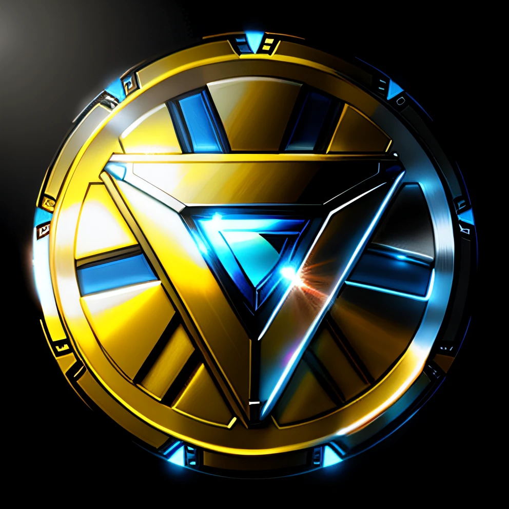 A blue Iron Man symbol with a silver and yellow frame, tony Stark, design do escudo, forte, Ironman, homem de ferro superior branco, emblema do escudo, imagem do avatar, Homem de Ferro Superior, ferro, como o Ironman, 3D Icon for mobile game, Homem de Ferro, game icon asset, metal shielding, diamond plated superhero, Arte conceitual de Tony Stark, heroic!!!, fan art