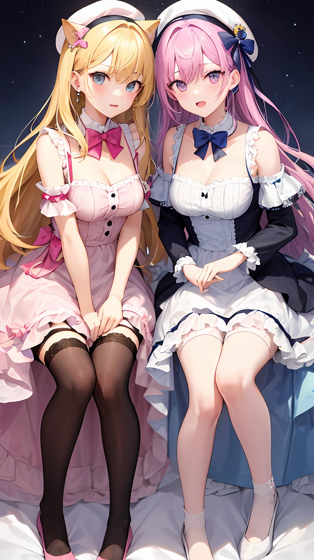 Two teenage girls,left:Yellow-haired,white dresses,eBlue eyes,star accessories,Blue bow tie,white beret(It has a blue bow on it),The right:lightblue hair,Cat ears,Pink eyes,pink Lolita,White socks,pink bows