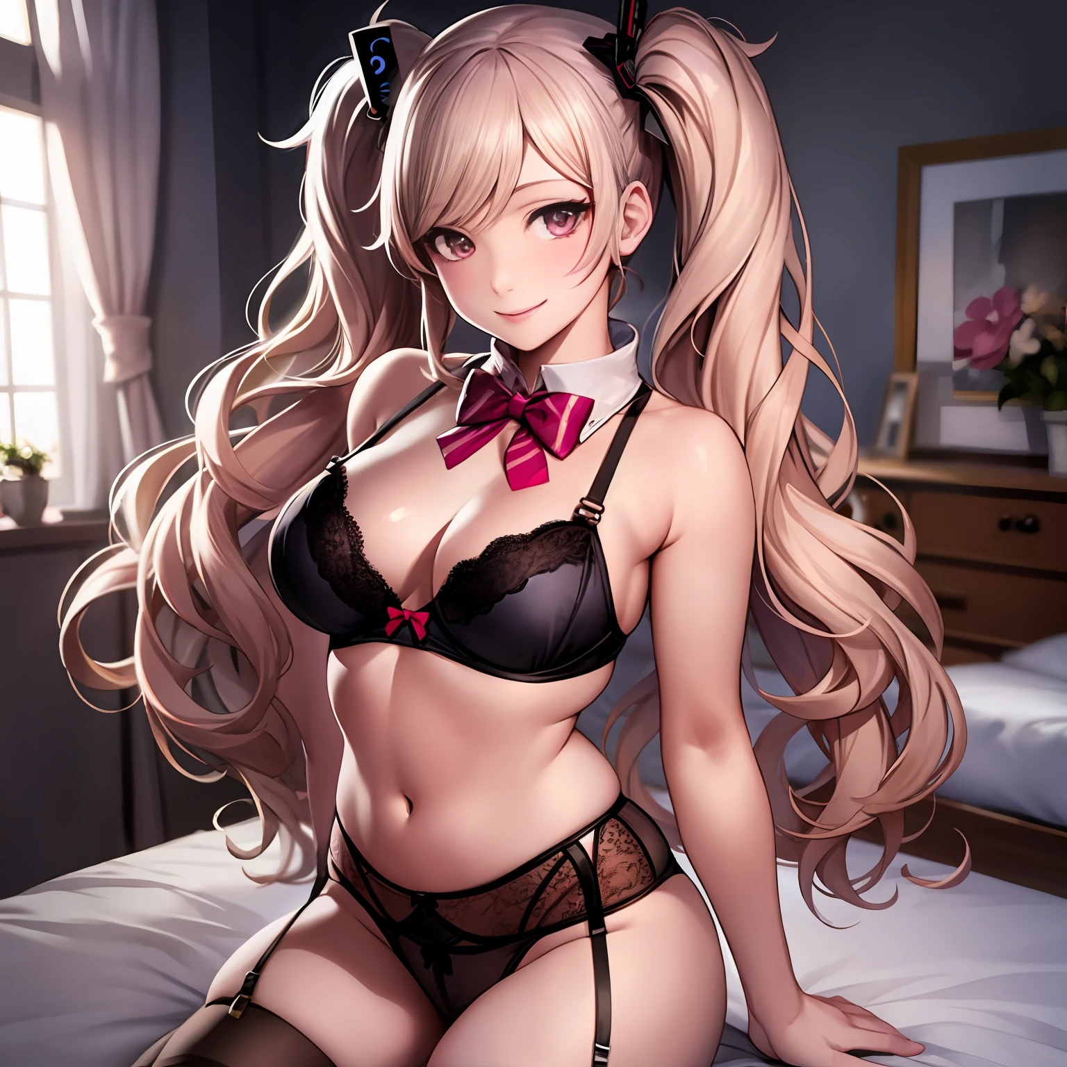 Junko Enoshima 2d, masterpiece, best quality, anime, highly detailed face, highly detailed eyes, highly detailed background, perfect lighting, full body, 1 girl, solo, baby_casual, twintails, smile, bedroom, solo,1 girl,masterpiece,ultra-realistic,4K,HD,excellent quality,great reflections and contrast,pink multi strap bra and panties,open bowtie panties,crotchless lingerie,black fishnet panties,beautiful smiling woman with Open_Lingerie , standing, realistic, front view, model shoot, visible, bimbo, bright, rear view, bedroom background