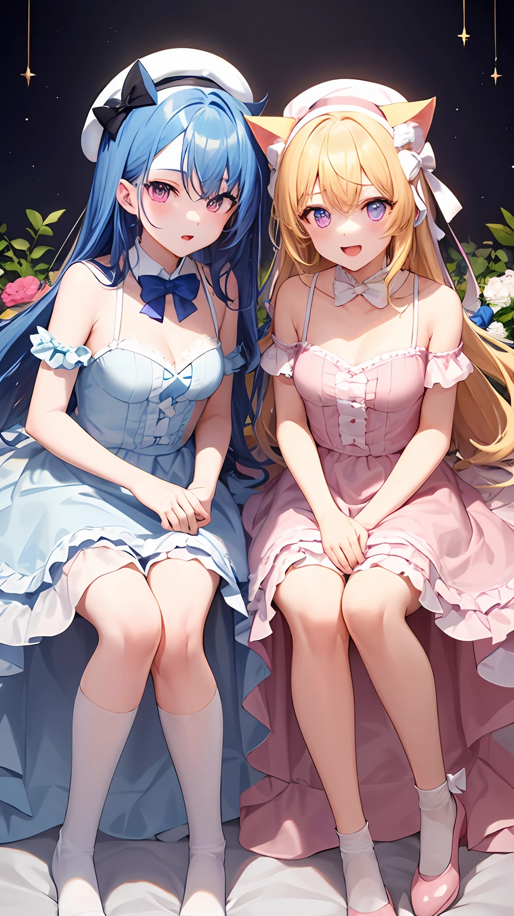 Two teenage girls,left:Yellow-haired,white dresses,eBlue eyes,star accessories,Blue bow tie,white beret(It has a blue bow on it),The right:lightblue hair,Cat ears,Pink eyes,pink Lolita,White socks,pink bows