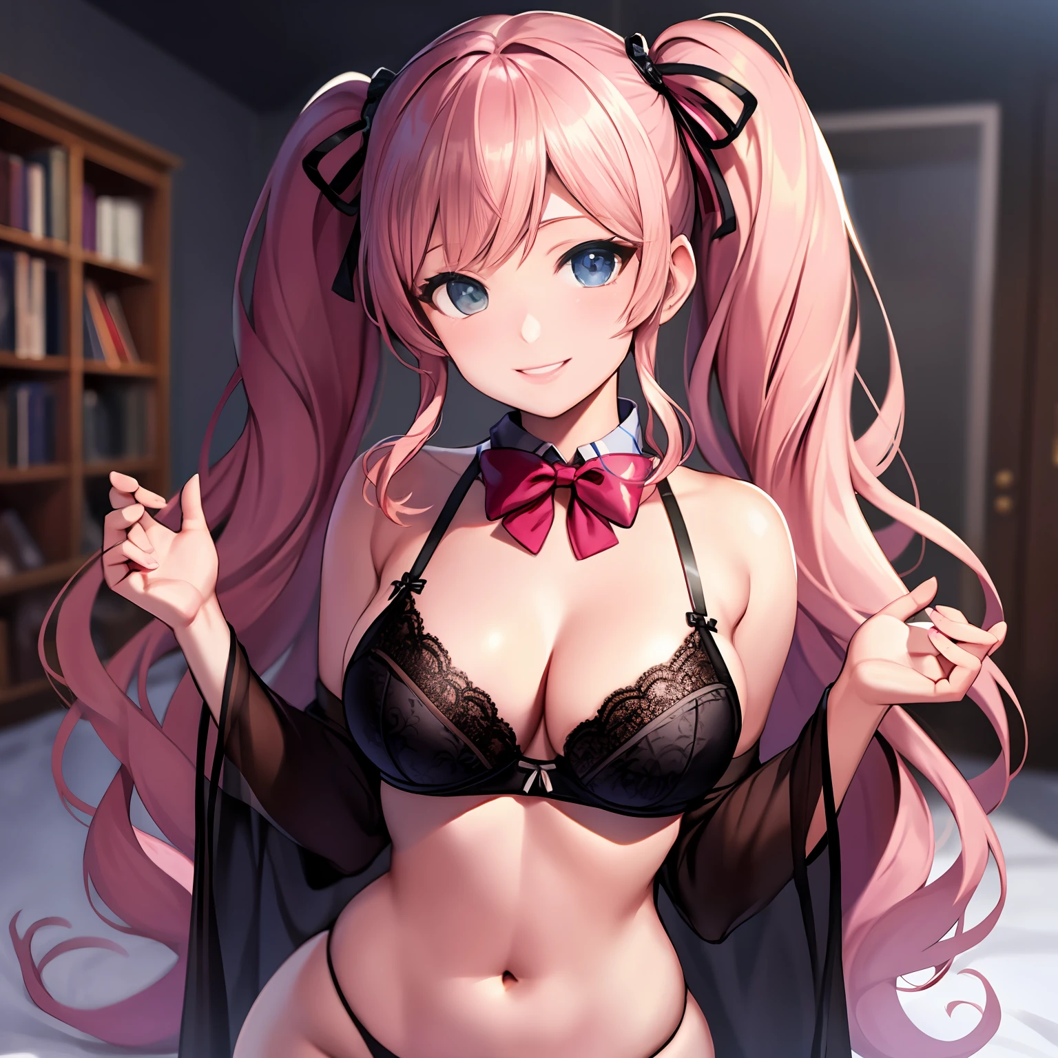 Junko Enoshima 2d, masterpiece, best quality, anime, highly detailed face, highly detailed eyes, highly detailed background, perfect lighting, full body, 1 girl, solo, _casual, twintails, smile, bedroom, solo,1 girl,masterpiece,ultra-realistic,4K,HD,excellent quality,great reflections and contrast,pink multi strap bra and panties,open bowtie panties,crotchless lingerie,black fishnet panties,beautiful smiling woman with Open_Lingerie , standing, realistic, front view, model shoot, visible, bimbo, bright, rear view, bedroom background